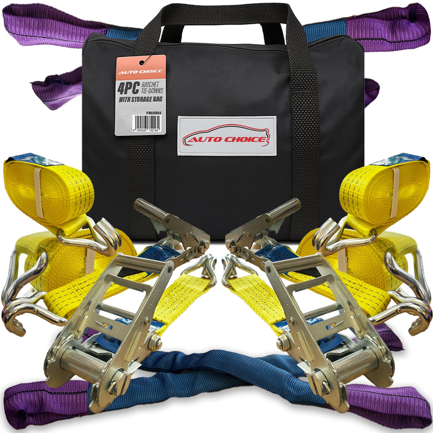 Xtremeauto BS EN121 - Juego de 4 correas de rueda de transporte de coche – Juego de tensores de amarre de trinquete de 50 mm con ganchos de garra – Correas amarillas de 3 partes con desviador suave