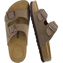 CUSHIONAIRE Logo 100% Genuine Leather Suede Slides for Women, Cushioned Cork Footbed Womens Sandals with Adjustable Buckles and Memory Foam
