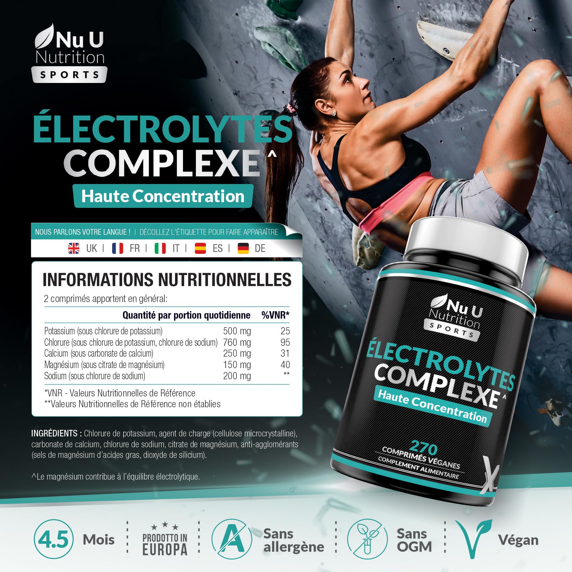 Complexe d'Électrolytes - 270 Comprimés Véganes Sans Arôme, avec Sodium, Potassium, Magnésium & Phosphate de Calcium - Convient aux Régimes Carnivore & Paléo - Fabriqué en Europe - Xellerate Nutrition