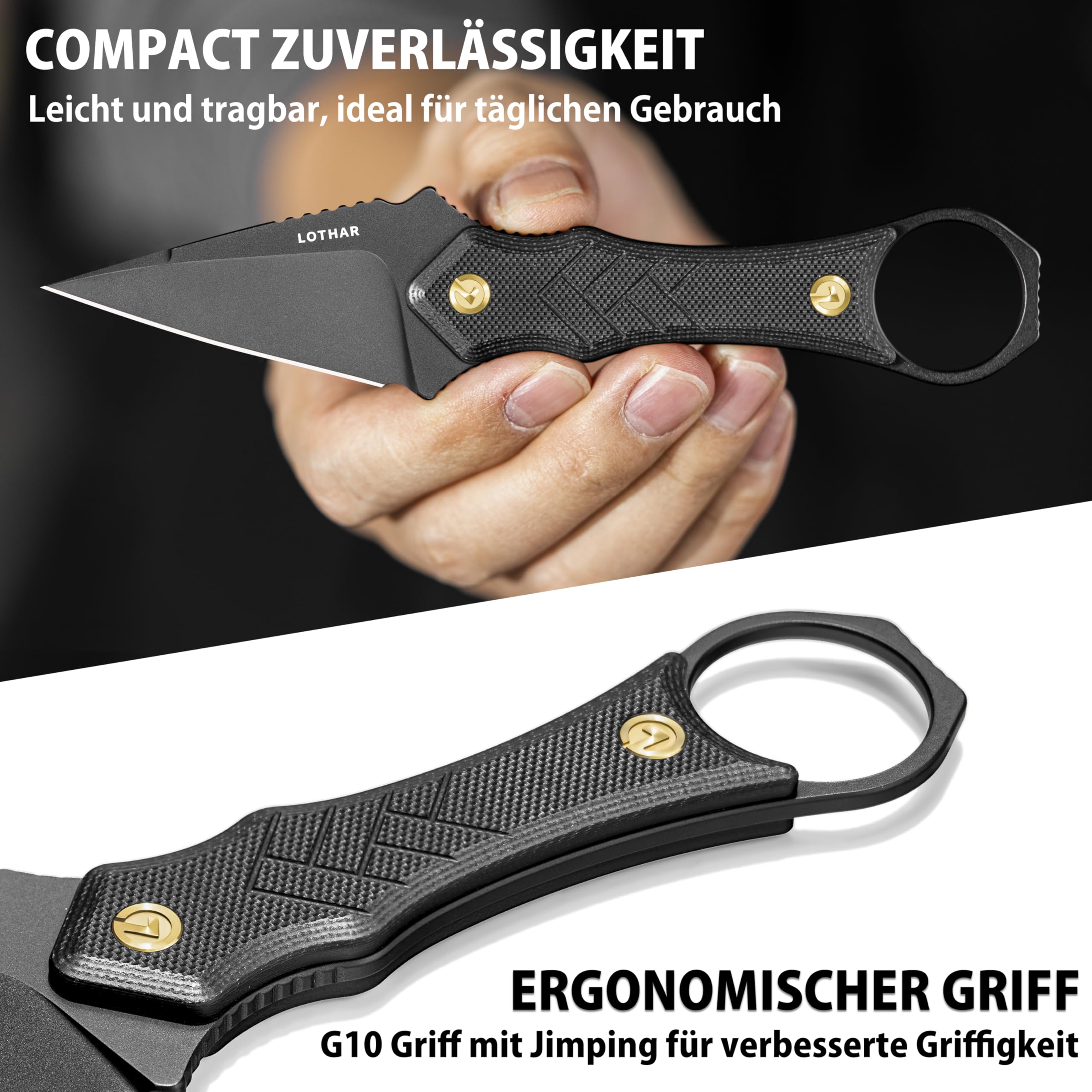 LOTHAR PORCUPINE 14C28N Stahl Neck Knife Messer,42A Fulltang Kleines Feststehendes Messer mit G10 Griff, Outdoor Messer mit Kydex Scheide und Gürtelclip (Schwarze Klinge)