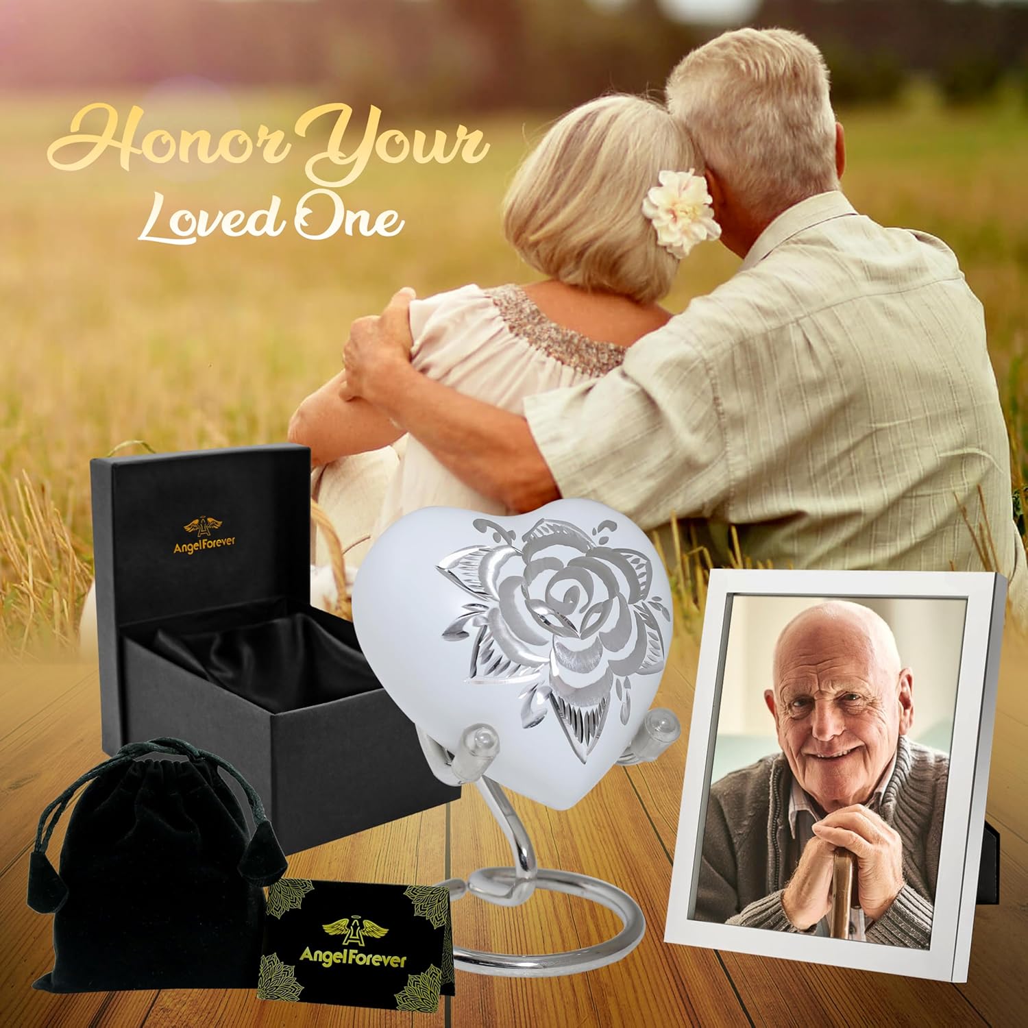 Rose Heart Keepsake Urn for Human Ashes Floral Mini Memorial Urn with Stand & Velvet Gift Box (White)