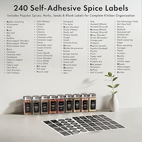 Miniatura 5 de Tarros de especias de vidrio con etiquetas y tapas de acero (24 x 4 onzas), recipientes de especias con 240 etiquetas, embudo de acero, insertos