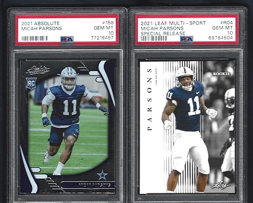 PSA 10 MICAH PARSONS 2 CARD ROOKIE LOT PANINI ABSOLUTE & LEAF GRADED PSA GEM MINT 10 SUPERSTAR DEFENSIVE ROOKIE OF THE YEAR