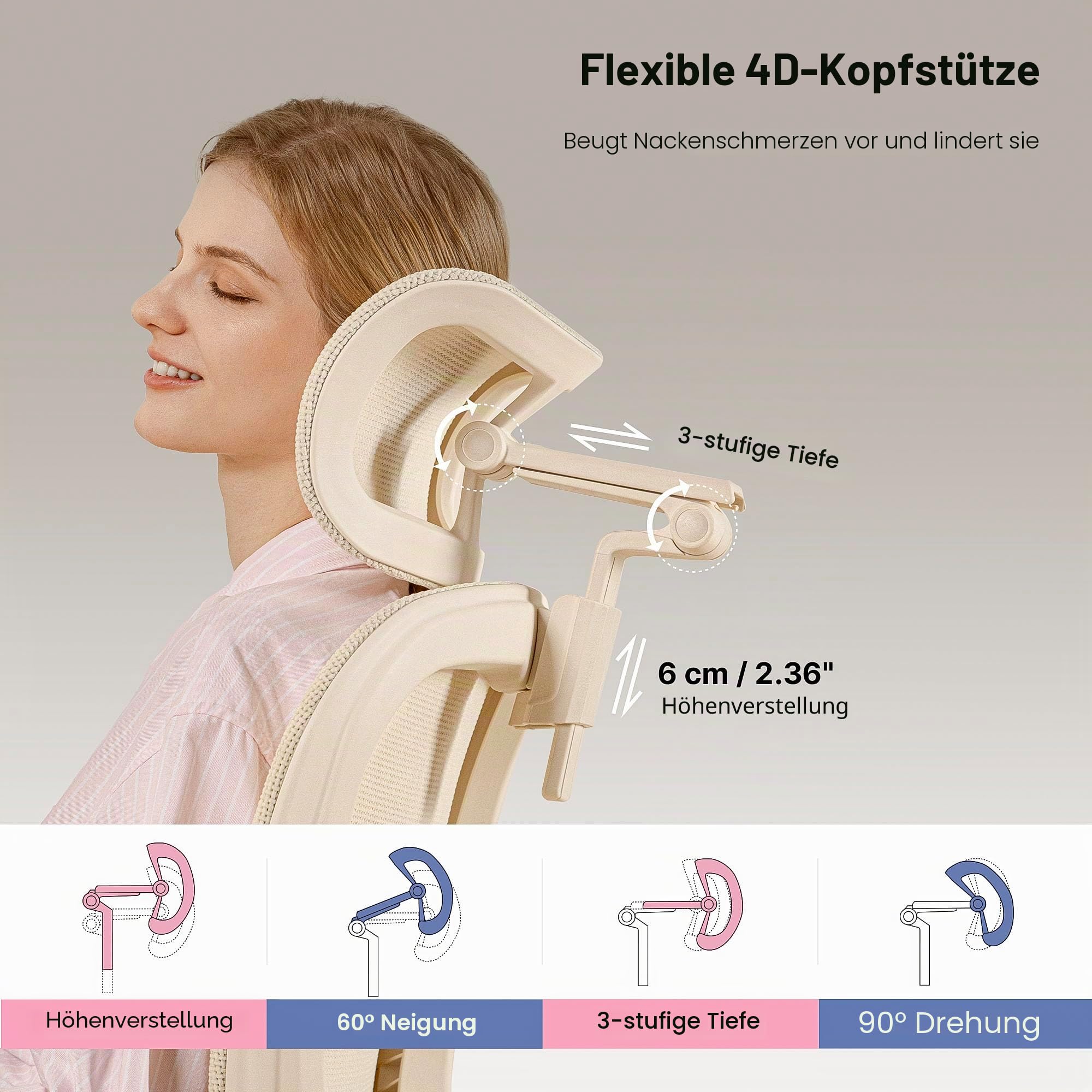 HINOMI Q2 Ergonomischer Bürostuhl mit Lendenwirbelstütze, verstellbarem Kopfstütze, Mesh-Sitz, klappbaren Armlehnen, neigbar mit Fußstütze, stilvolles Modell für Home Office & Studium (Grau)