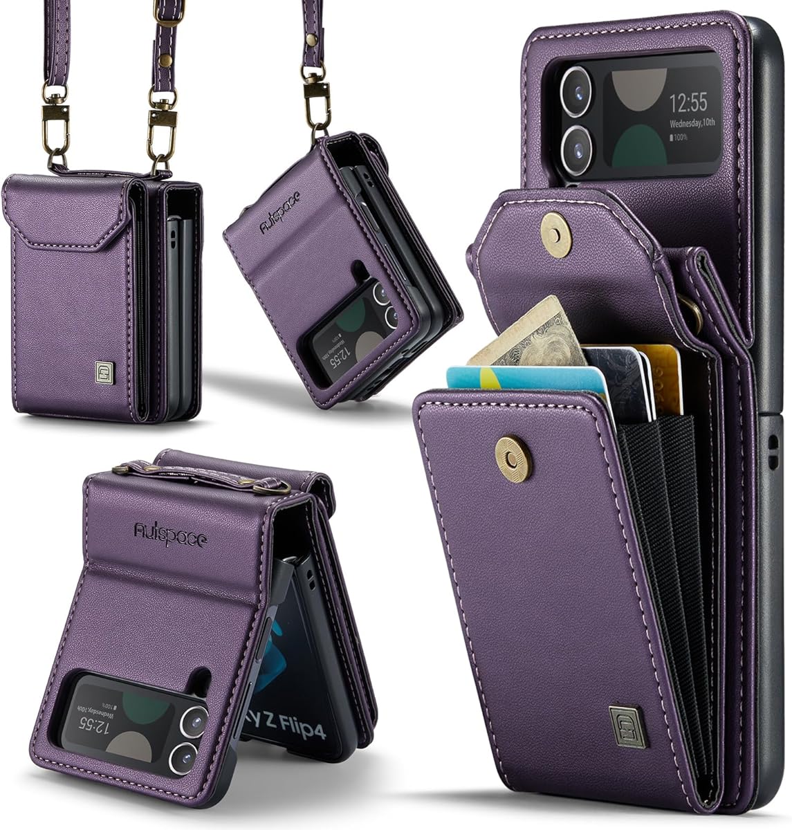 ASAPDOS Crossbody Case Compatible with Samsung Galaxy Z Flip 4,Retro PU Leather Strap Wristlet Flip Case with Magnetic Closure and Card Holder for Men Women Purple