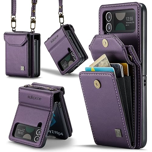 ASAPDOS Crossbody Case Compatible with Samsung Galaxy Z Flip 4,Retro PU Leather Strap Wristlet Flip Case with Magnetic Closure and Card Holder for Men Women Purple