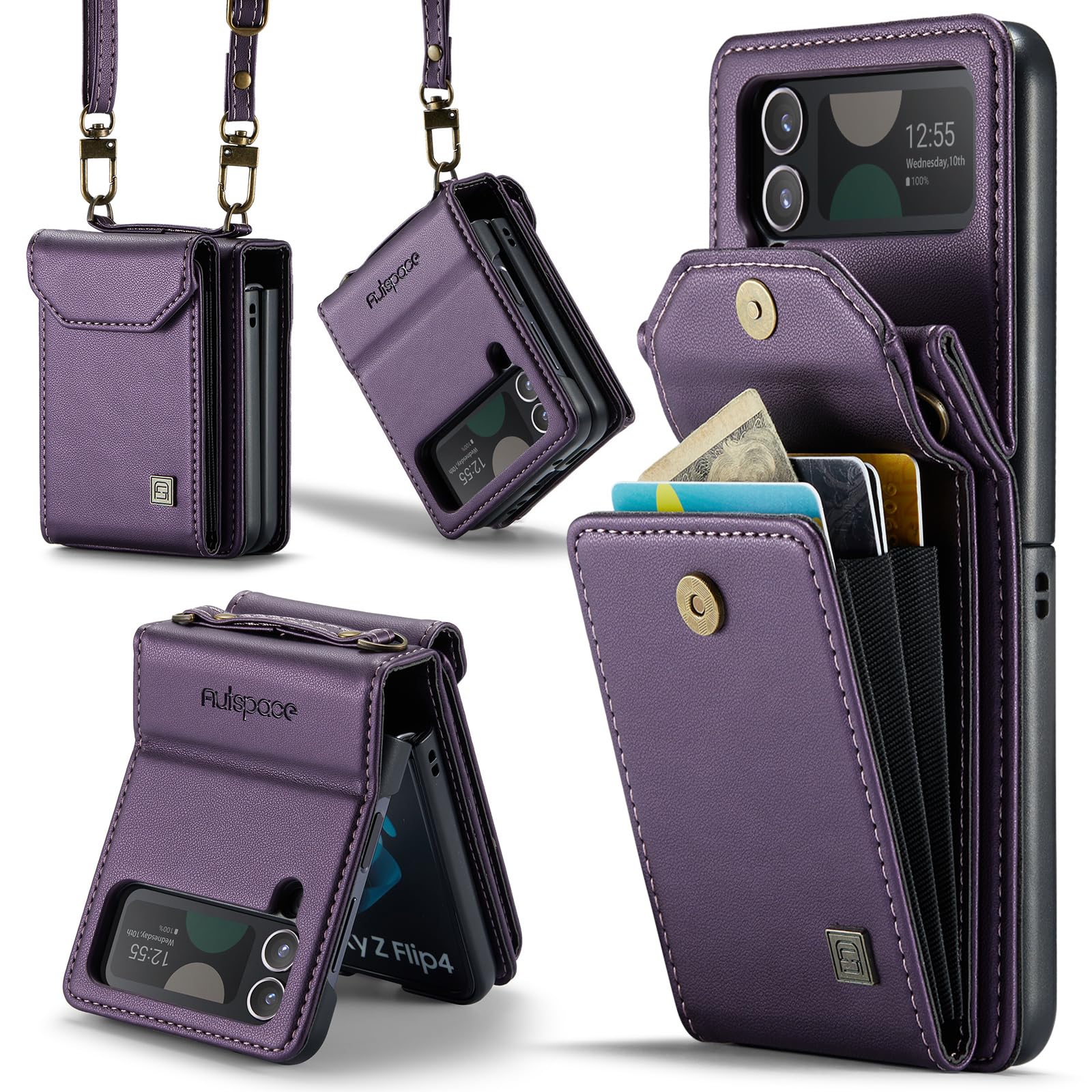 ASAPDOS Crossbody Case Compatible with Samsung Galaxy Z Flip 4,Retro PU Leather Strap Wristlet Flip Case with Magnetic Closure and Card Holder for Men Women Purple