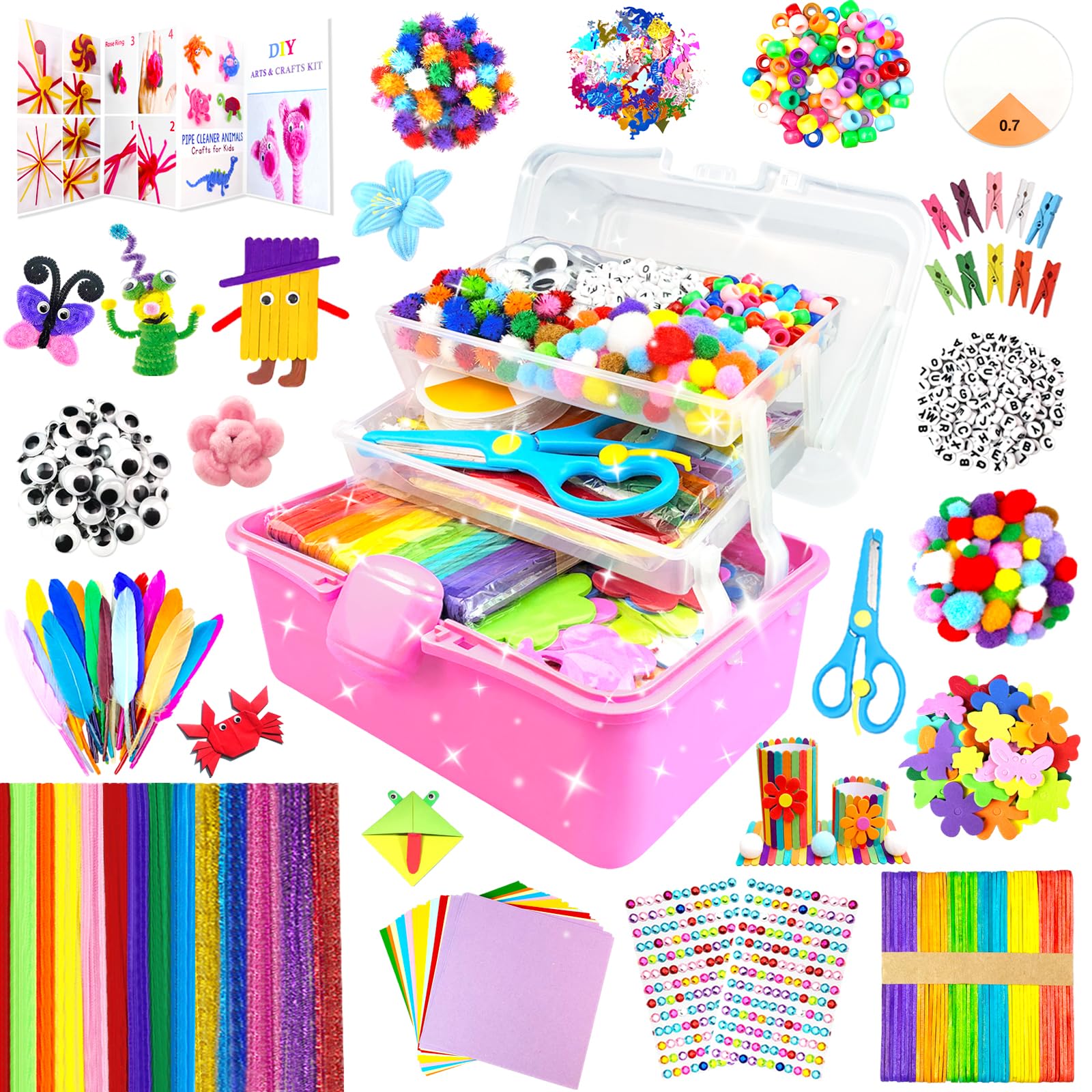 3000 Arts and Crafts Supplies for Kids Craft Kit Craft Box with Pipe Cleaners Arts and Crafts for Kids Age 4-6, 6-8, 8-12 DIY School Supplies Materials Set Toys Gifts for Girls Boys Toddlers, Red