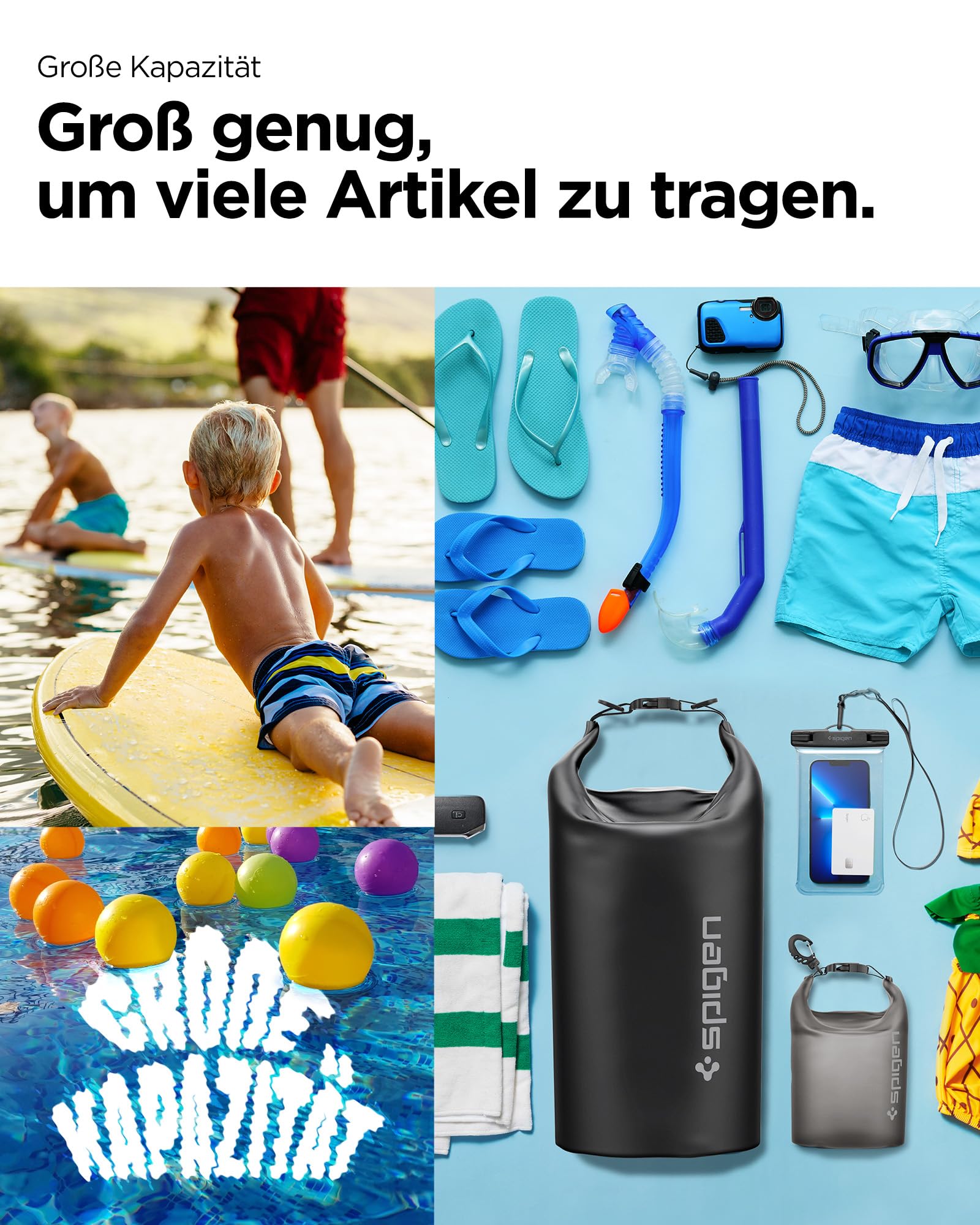 Spigen Aqua Shield wasserdichte Tasche Set [20L+2L] Dry Bag wasserfester Rucksack Beutel für Strand Schwimmen Camping Bootfahren Kajakfahren