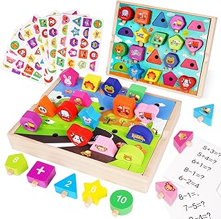 AXEARTE Wooden Shape Matching Color Sorting Toy, Montessori Math and Counting Toys Wood Learning Puzzle Game, Preschool Stacking Sensory Educational Toy, Shape Sorter Counting Game for Kids