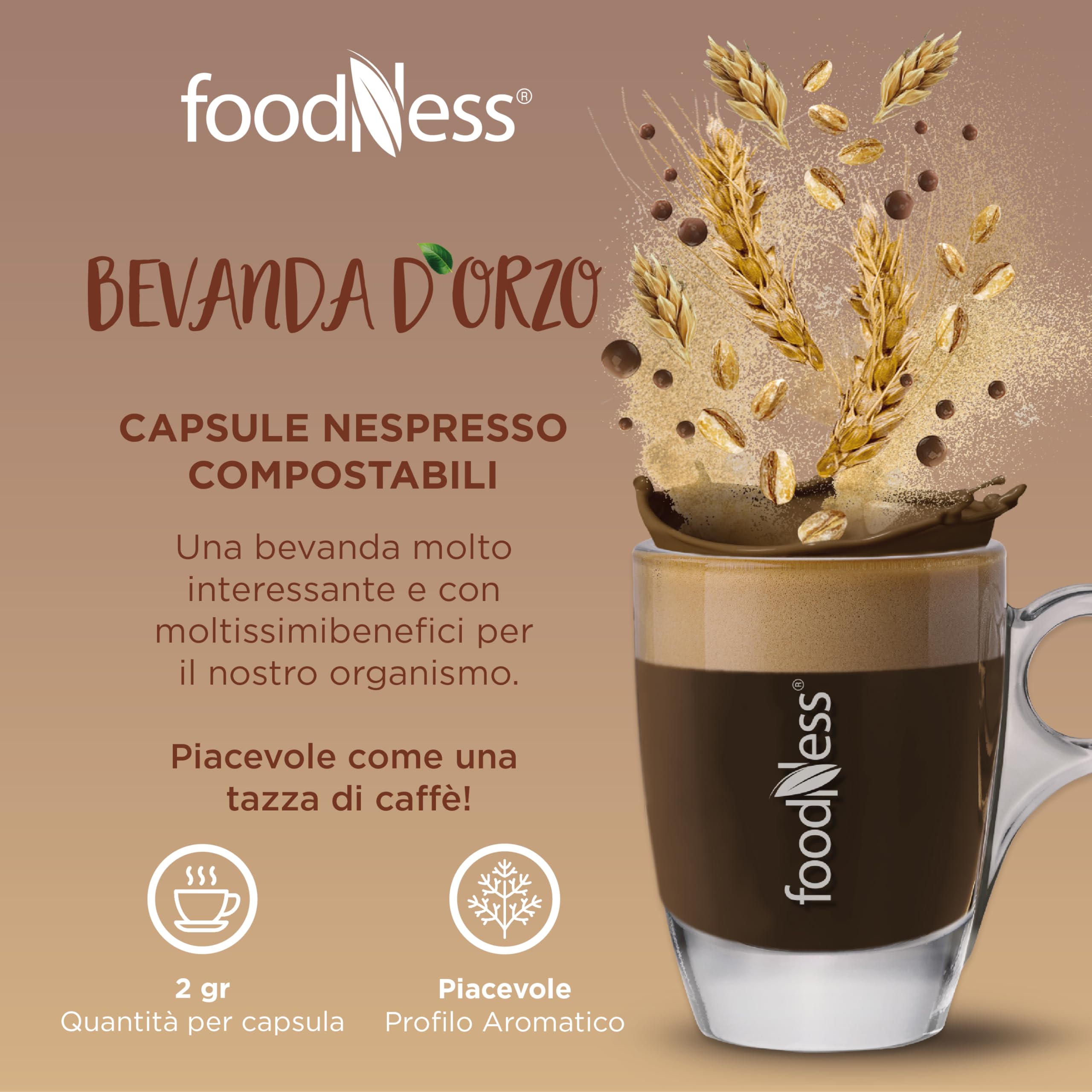 foodNess - 10 Box da 10 Capsule di Bevanda d'Orzo BIO, Capsule Compatibili con Sistema Nespresso, Bevanda Naturalmente senza Caffeina, Lattosio, Grassi Idrogenati e Zuccheri Aggiunti
