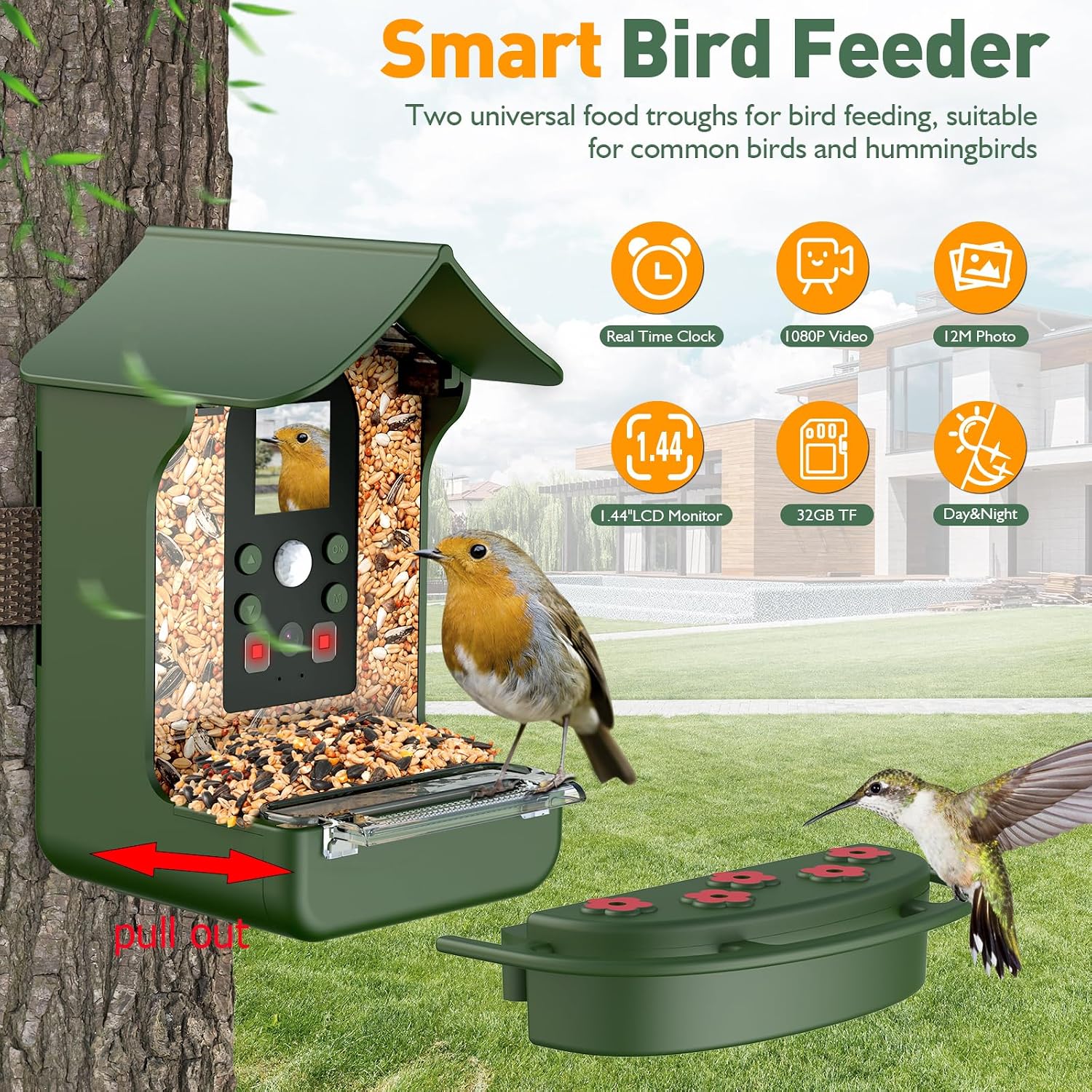 Image showing the Cozion Smart Bird Feeder Camera mounted on a tree with a strap, highlighting its features like real-time clock, 1080p video, 12M photo, 1.44 inch LCD monitor, 32GB TF card, and day/night mode.