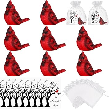 24 Pack Memorial Cardinal Gift Set Include Mini Resin Red Cardinal Bird Tiny Animals Figurines Cards Bags Miniature Plastic Cardinal for Crafts Party Cake Topper Garden Decor Tree Ornaments