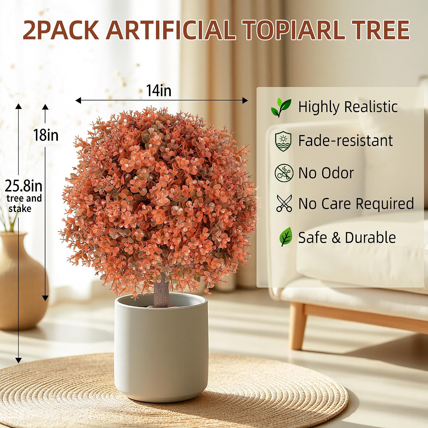 QCQHDU Artificial Fall Topiary Ball Bushes for Outdoor Decor, 26" Fake Fall Tree Plants with Ground Spike,UV Resistant Faux Orange Eucalyptus Shrubs for Autumn Outdoor Front Porch,Set of 2