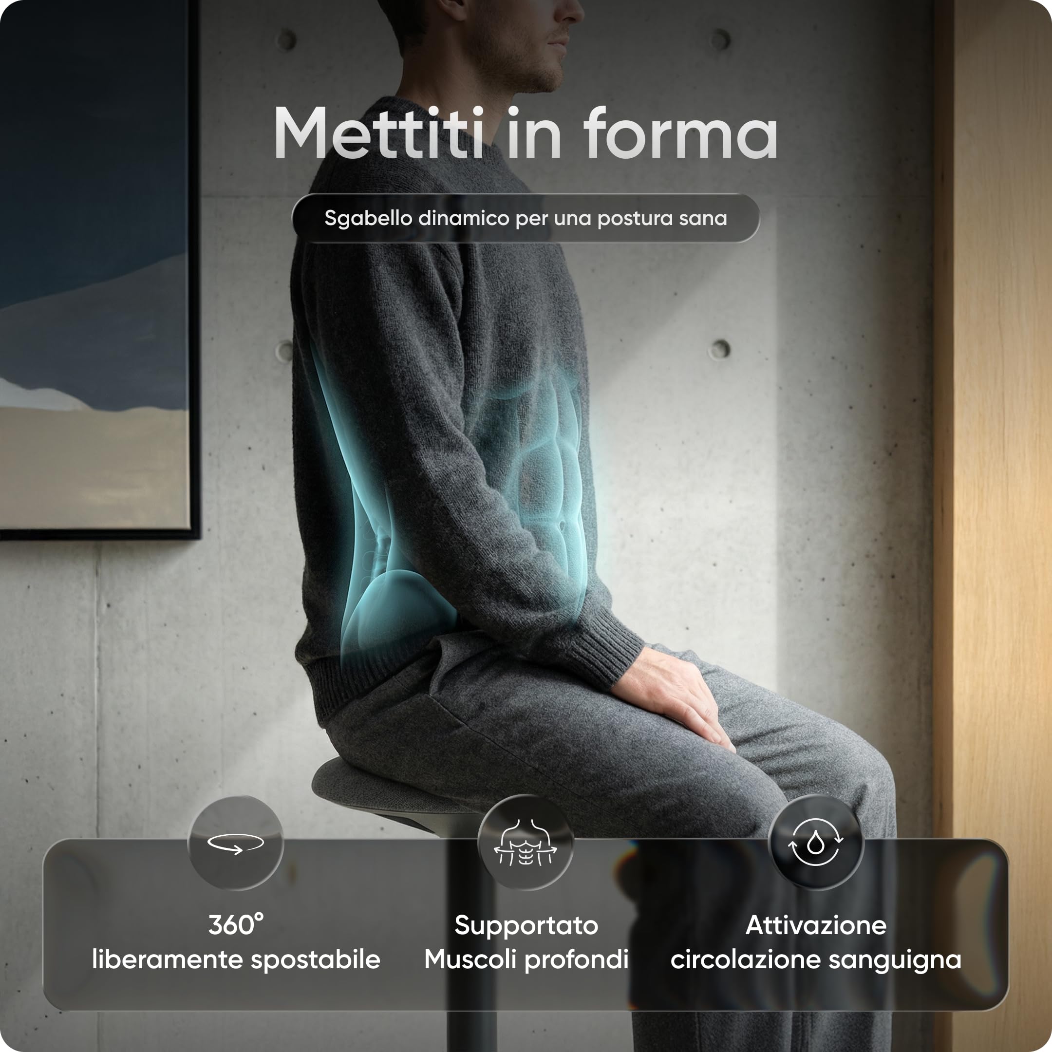 Motion - Sgabello ergonomico da ufficio e da pavimento, regolabile in altezza, con base e seduta extra large, per prevenire dolori alla schiena e al collo (grigio)