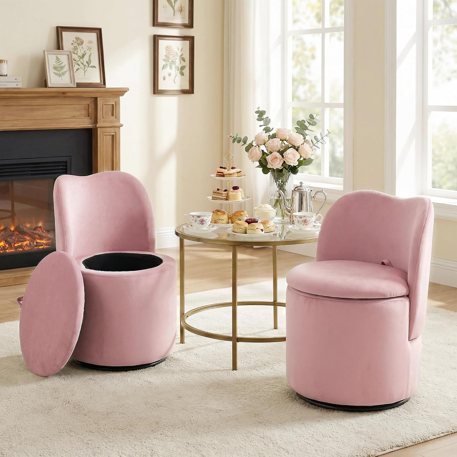 Swivel Velvet Vanity Chair with Storage, Upholstered Vanity Stool with Back, Sherpa Vanity Stool Chair, Round Makeup Chair Swivel Accent Chair Barrel Armchair Soft Padded Seat for Living Room Bedroom
