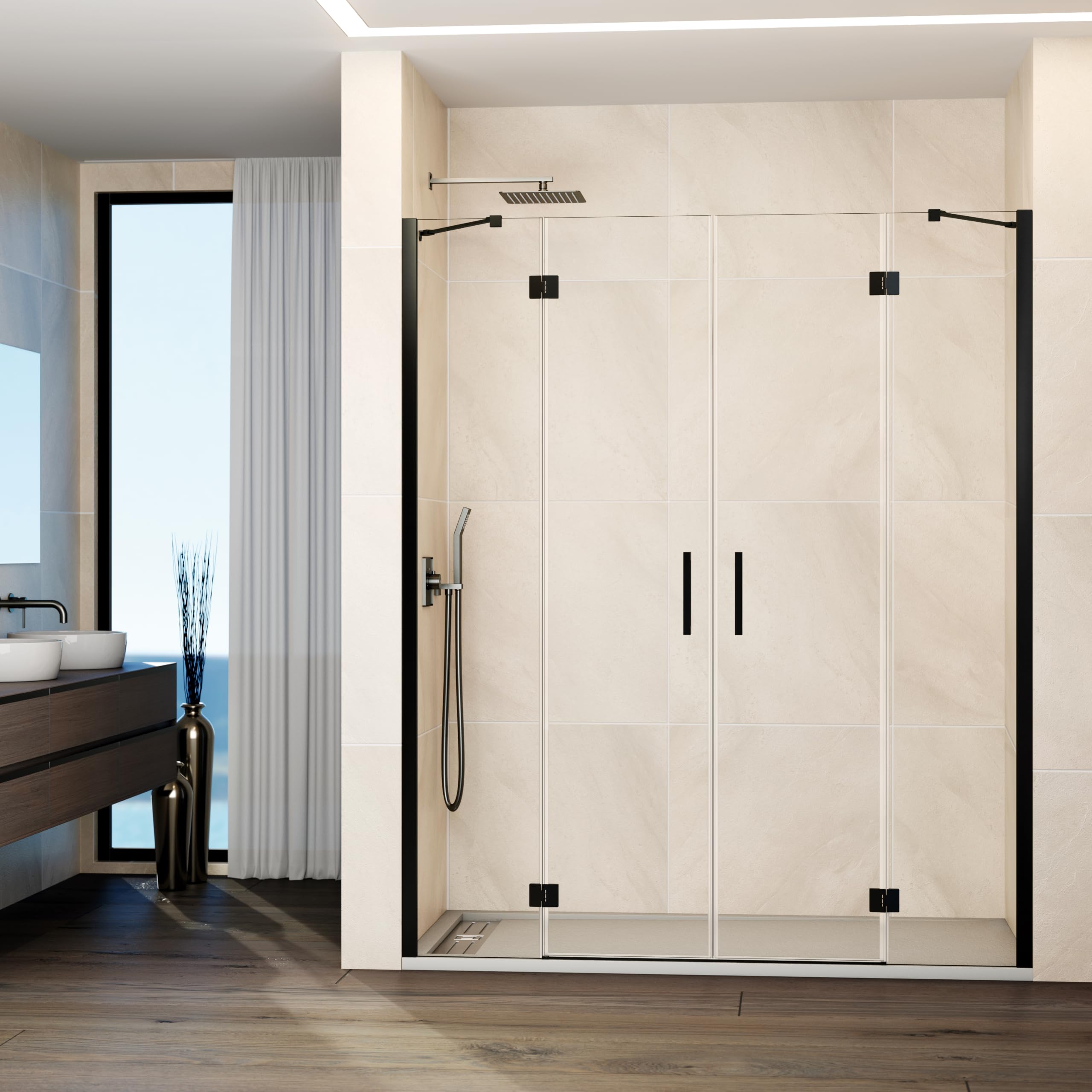 GME - Mampara Ducha Frontal 2 Puertas Fijas + 2 Correderas 185cm Titanio | Mampara de Cristal con Perfilería de Aluminio y 195cm de Altura | Cristal Templado 6mm Antical Y Cierre Magnético