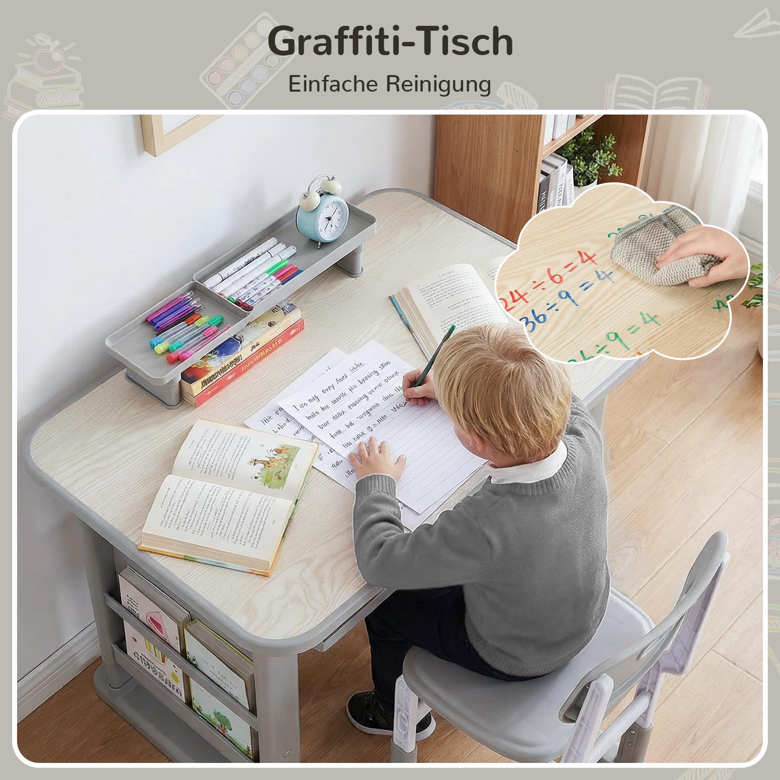 MAMIZO Höhenverstellbarer Kinderschreibtisch mit Stuhl Set, Graffiti-Tisch von 3-12 Jahren, Schreibtisch Kinder mit Seiten-Bücherregal & Ablagekasten, Ideal für Kinderzimmer & Arbeitszimmer (Grau)