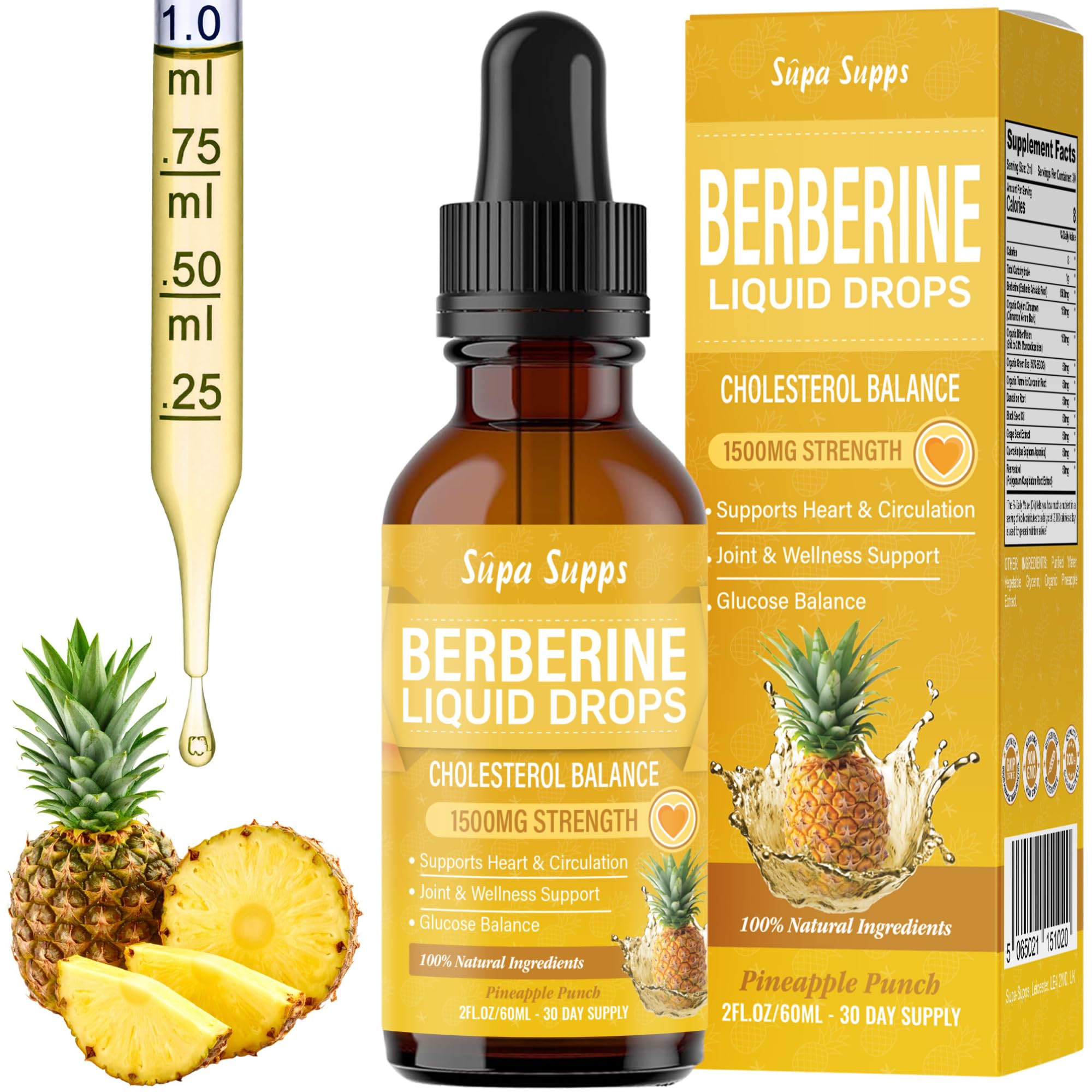 Berberine Liquid 60ml Pineapple Flavour | Supa Supps Berberine Supplement with Berberine HCl, High Strength 20000mg Equivalent, Easy Liquid Drops Alternative to Berberine Patches for Wellness & Energy