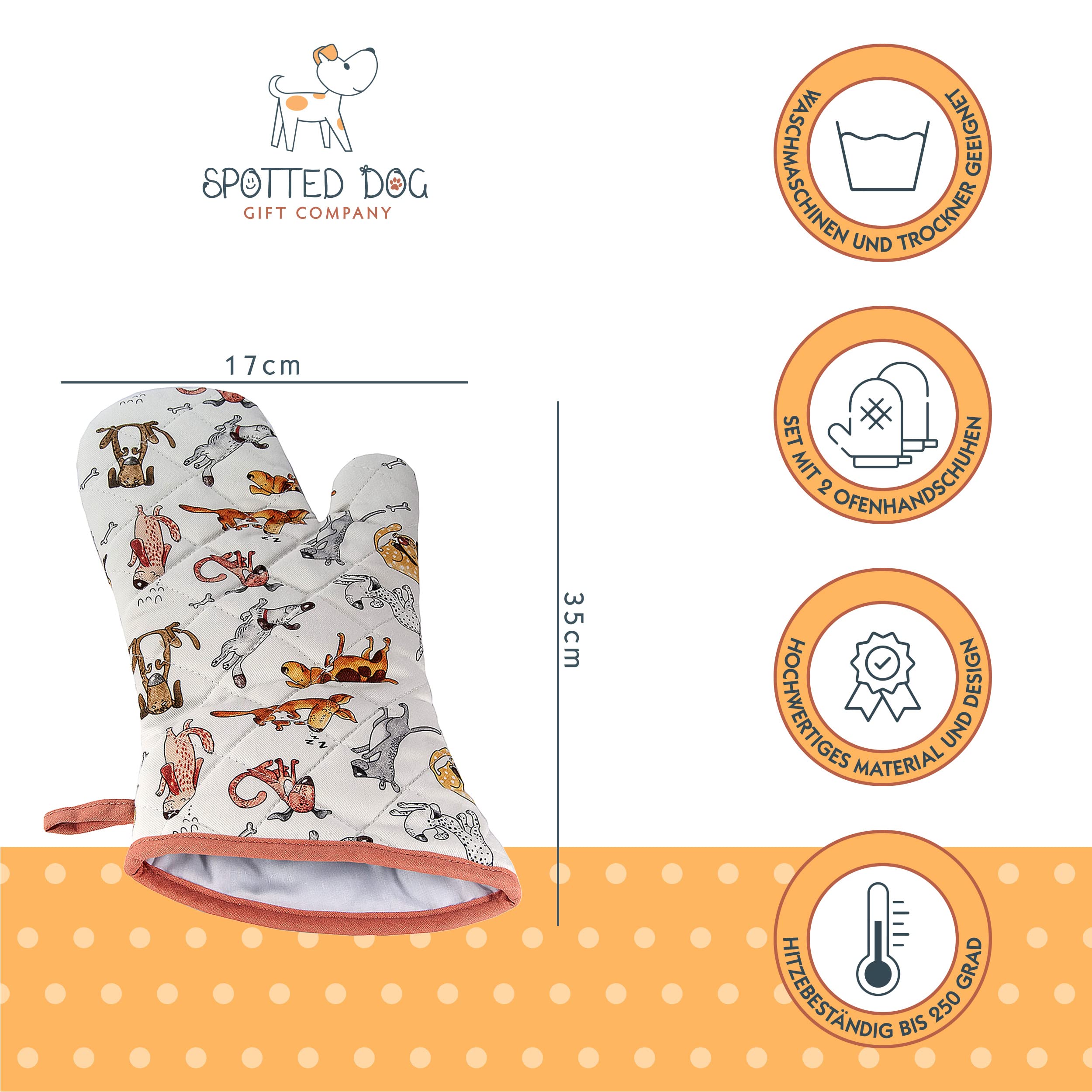 SPOTTED DOG GIFT COMPANY - Backhandschuhe Hitzebestaendig, Topfhandschuhe Ofenhandschuhe Lang mit Lustige Hund Motiv, Geschenk für Frauen Damen und Männer