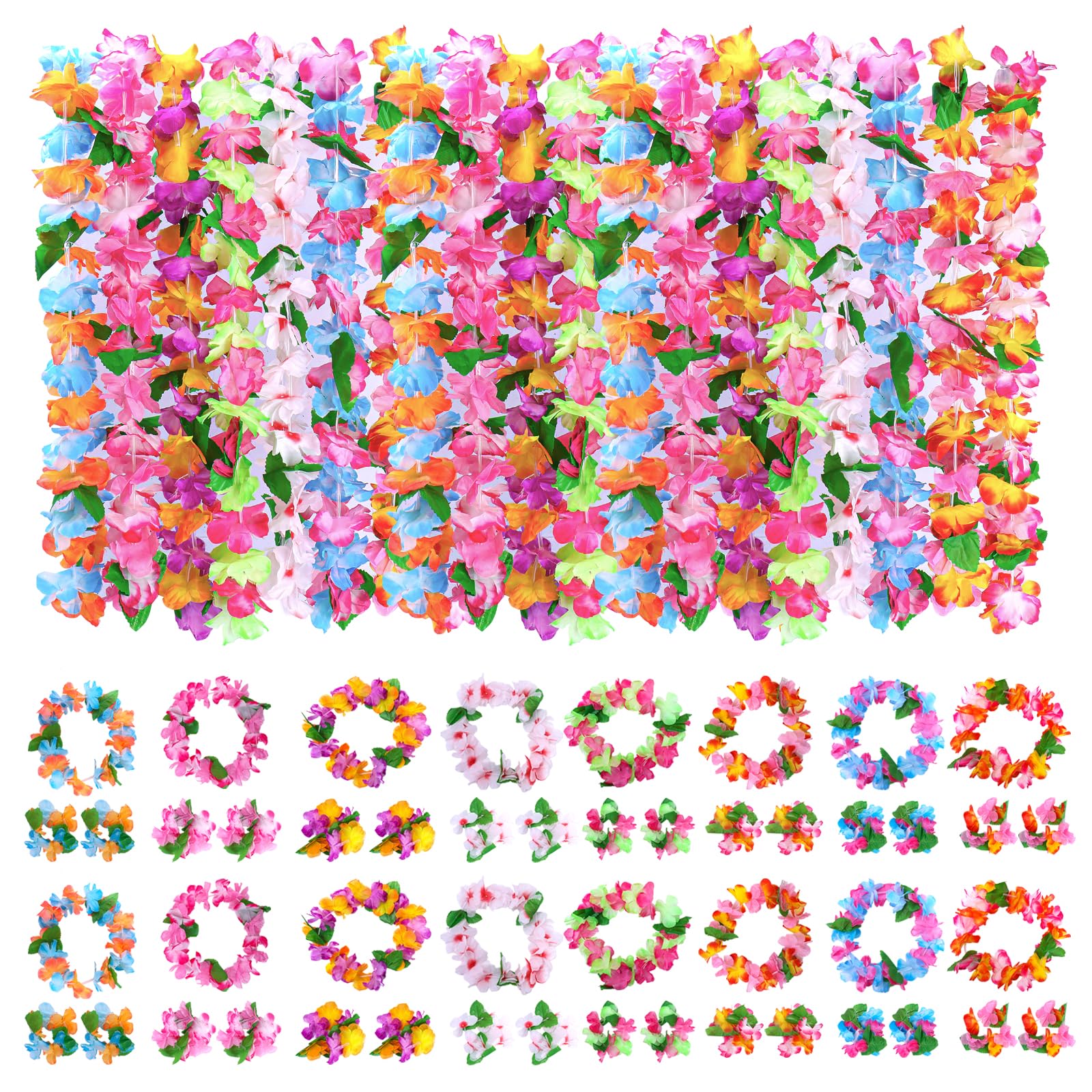 Bszatan 64 PCS Hawaiian Flower Garlands, Hawaiian Leis Bulk, Tropical Favors Lei Including Flower Necklaces,Headbands and Bracelets Luau Beach Party Summer Pool Birthday Decorations Party Favor