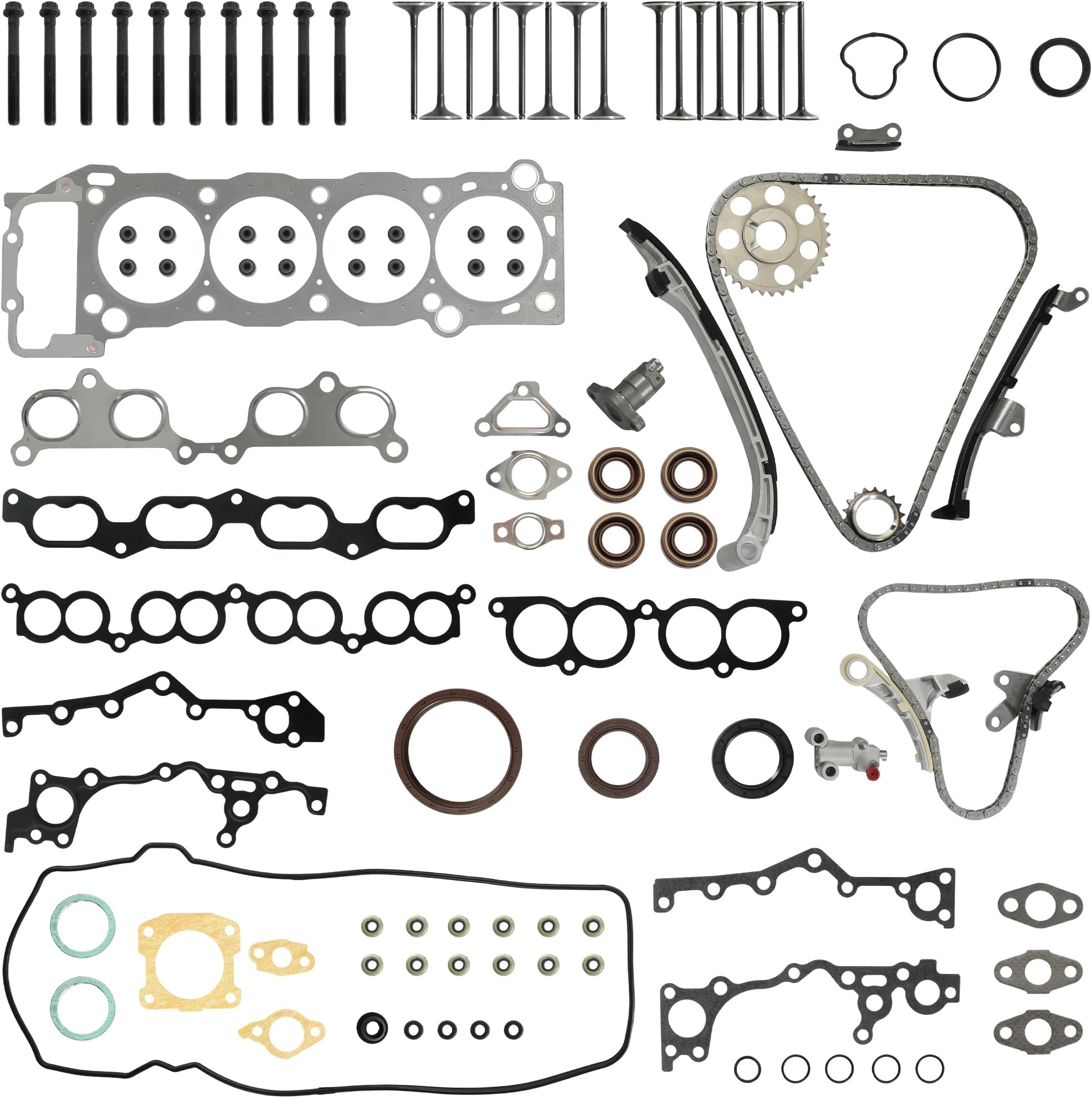 3RZ-FE Engine Head Gasket Bolt Set Timing Chain Kit w/Valve Set Fit for Toyota T100 Tacoma 4Runner 2.7L 1994-2004 13507-75010 94196S HS9465PT-2 13711-75060