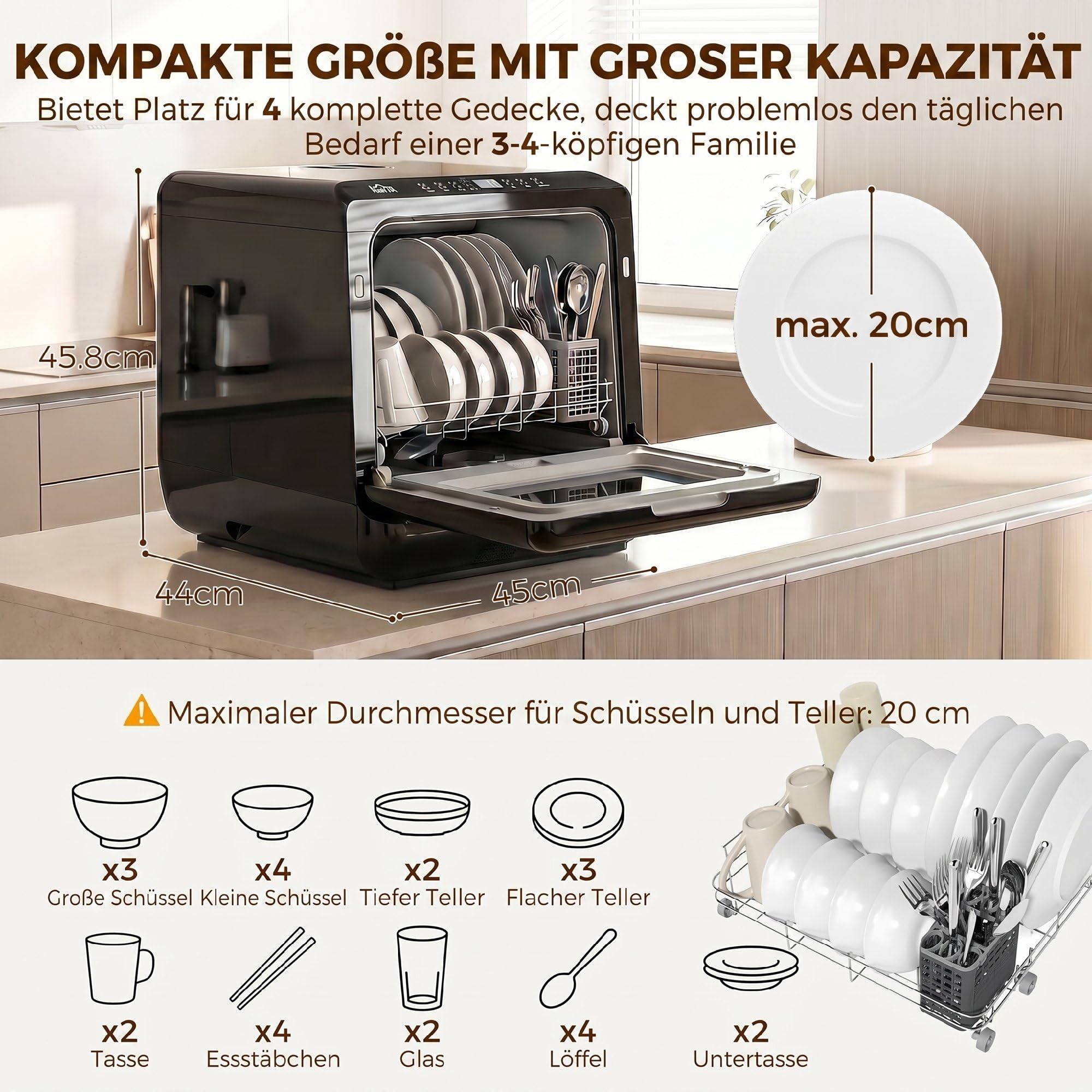 HOMCOM Lavavajillas de mesa mini lavavajillas con depósito de agua integrado de 6 litros, 5 programas, control táctil, pantalla LED, 4 cubiertos, doble suministro de agua y función de secado al aire