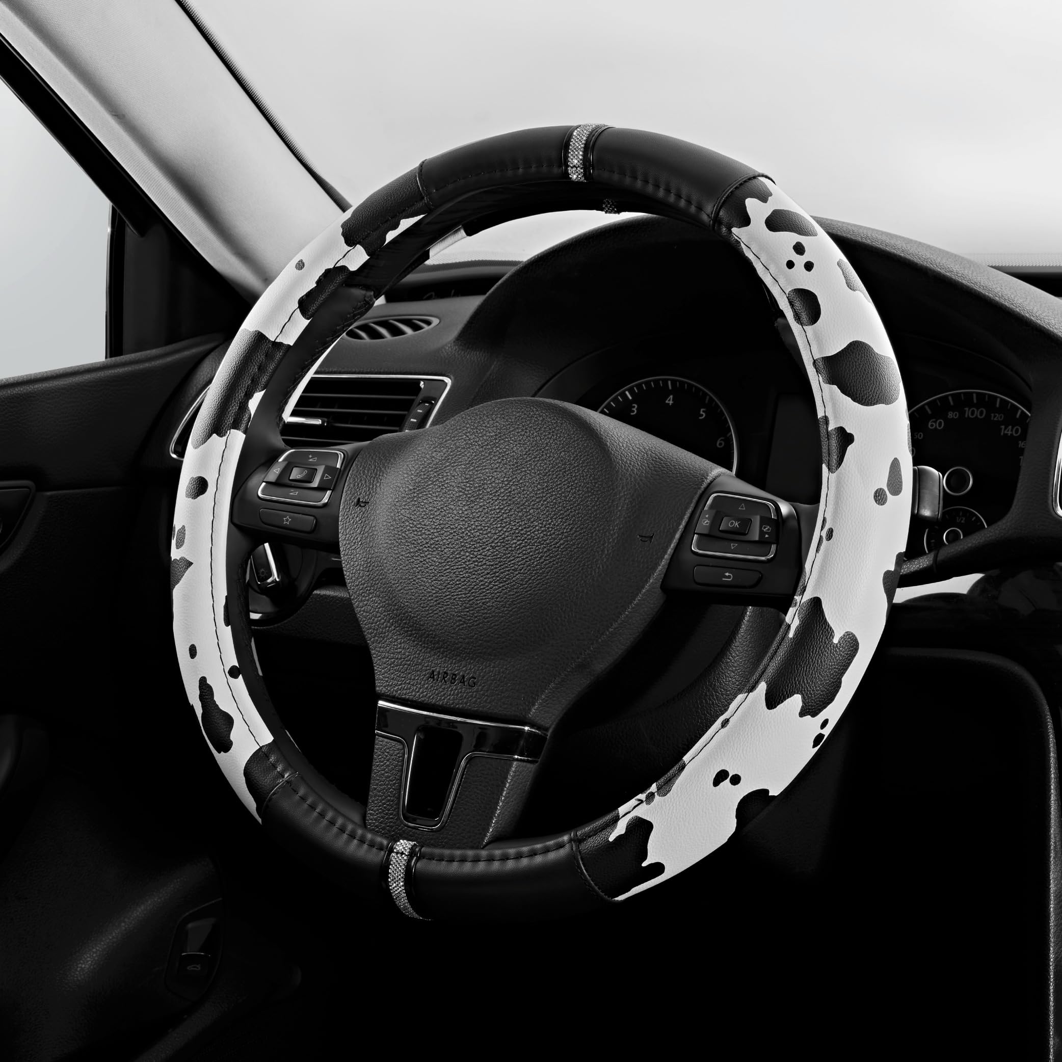 Road Comforts Cow Pattern Steering Wheel Cover - Made with PVC Leather - Anti-Slip, Universal Fit 14 1/2 inches to 15 inches