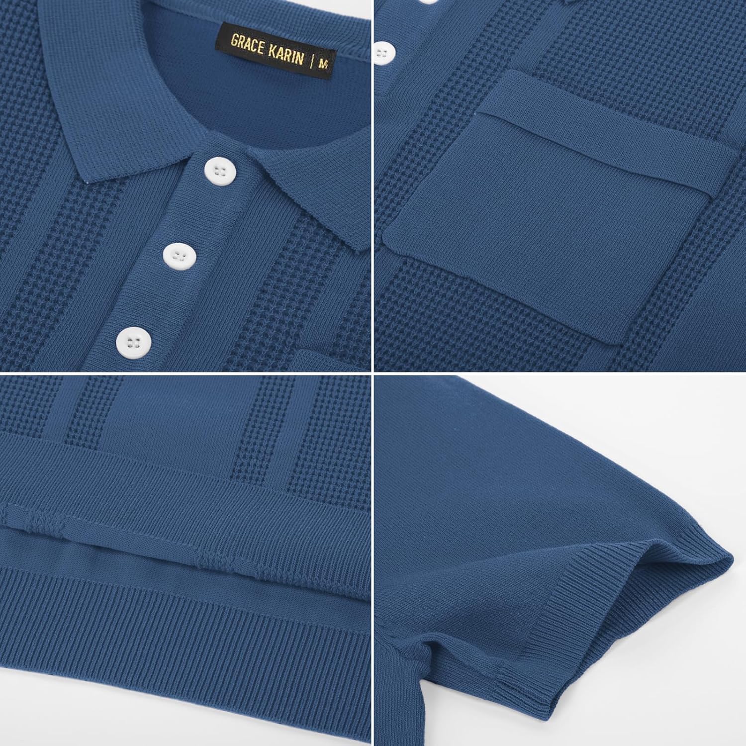 GRACE KARIN Mens Knit Polo Shirts Short Sleeve Knitted Texture Lightweight Waffle Golf Shirts Sweater Indigo Large image 6 of 6 B0DY1D48CP