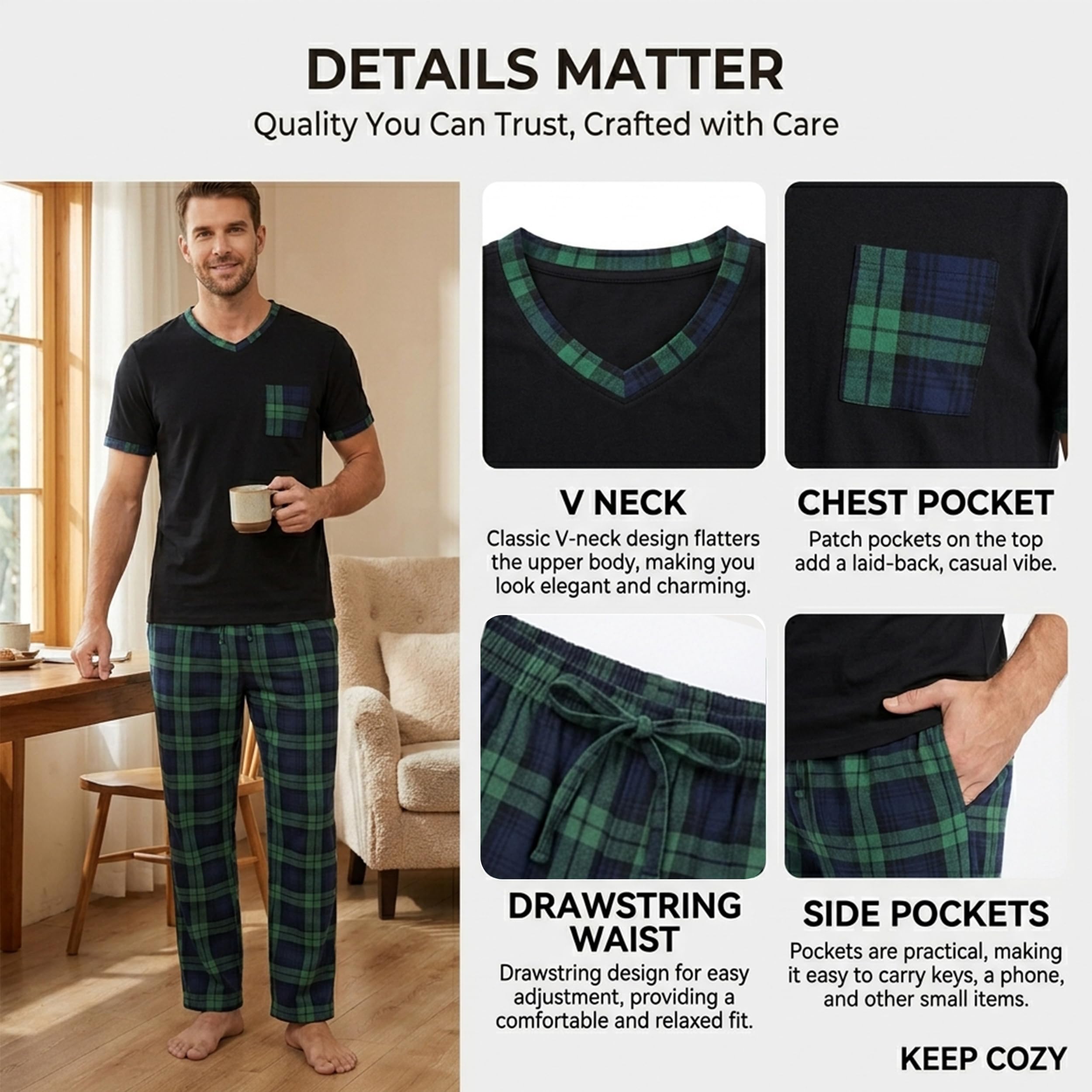 Bas de Pyjama Homme à Carreaux en Coton Peigné Pantalon de Détente avec Poches Lingerie de Nuit Confort Quotidien