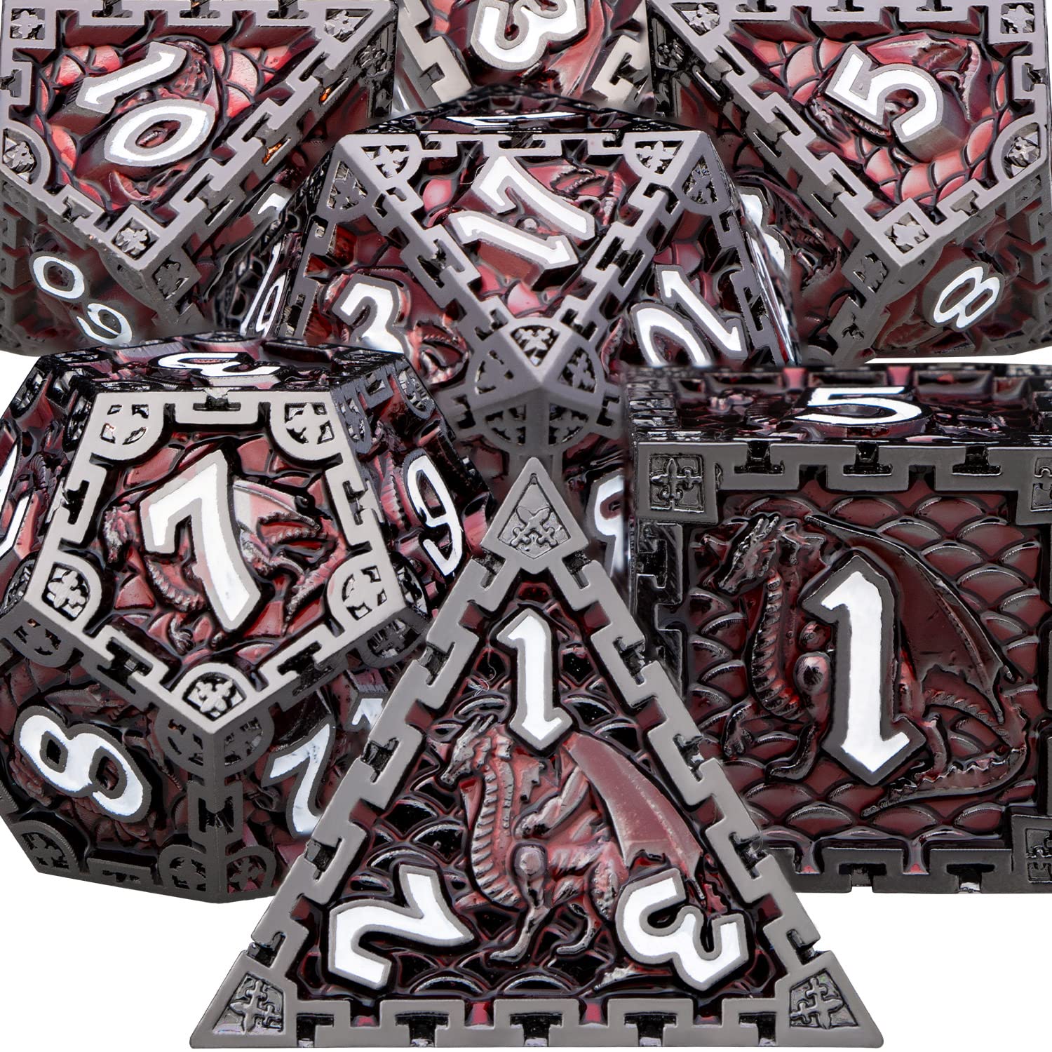ARUOHHA DND Metal Dice Set Red Dungeons and Dragons Dice with Gift Box, 6 Sided Polyhedral D&D Dice RPG Role Playing Games 7PCS Cool D and D Dice Set D20 D12 D10 D8 D6 D4