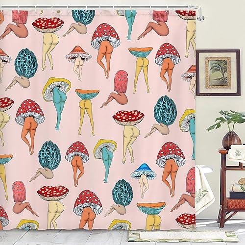 Miniatura 3 de Divertida cortina de ducha con trasero de hongo, divertida y sexy, de los años 70 y 80, cortinas de ducha de tela para baño, hippie, psicodélico,