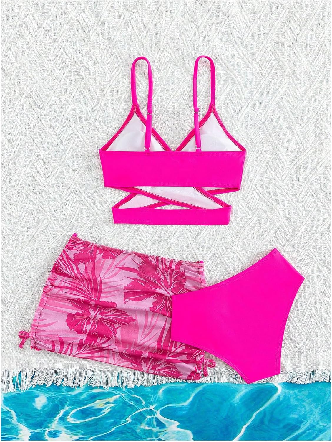 SHENHE Girl's 3 Piece Swimsuits Wrap Criss Cross High Waisted Bikini Set with Cover Up Skirt - Image 2