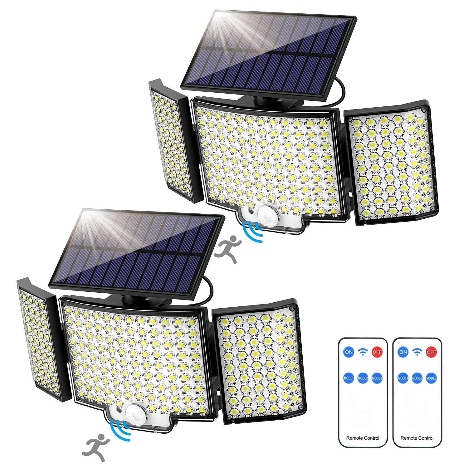 Luci solari per esterni, 212 LED con sensore di movimento a energia solare, luci di sicurezza a 270°, ampio angolo di illuminazione, 3 modalità, ad alimentazione solare, IP65, impermeabile, con