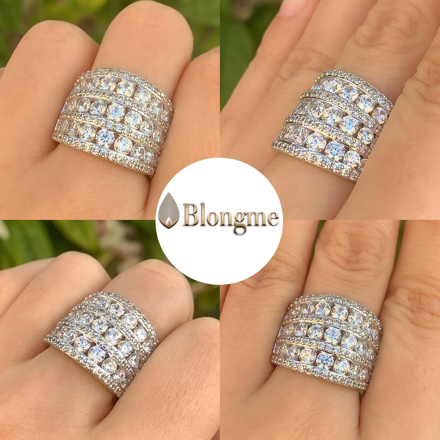 Multi-Row Wide Wedding Bands for Women Round Cubic Zirconia Statement Ring for Women Stackable Cocktail Promise Band Rings Size 5-10 - Image 2