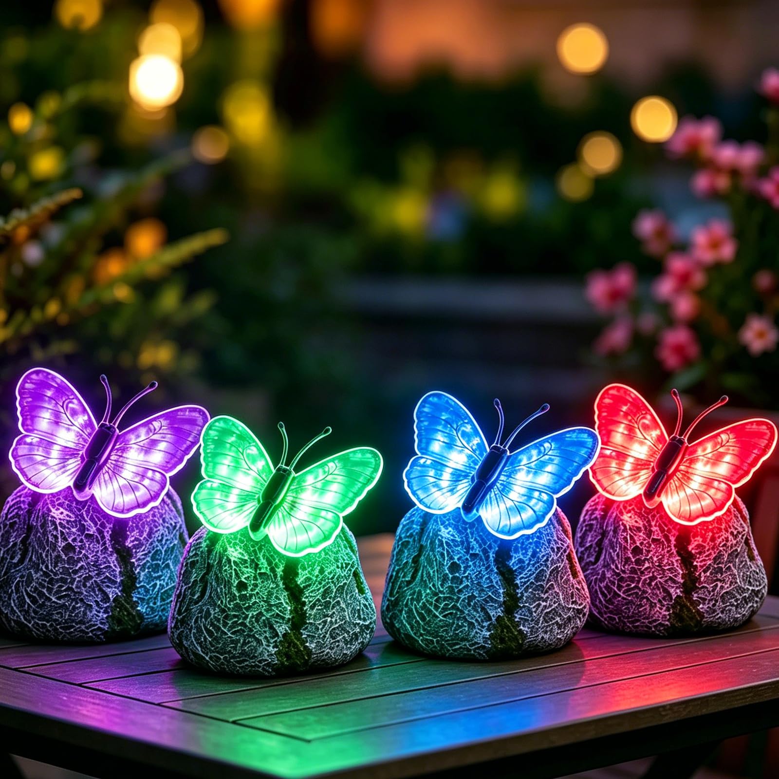 Miepkvl Illuminated Butterfly Stone Garden Light, Solar Butterfly Garden Ornaments, Resin Statue Stone Effect Glowing Decor for Walkway, Yard, Patio (4 PCS)