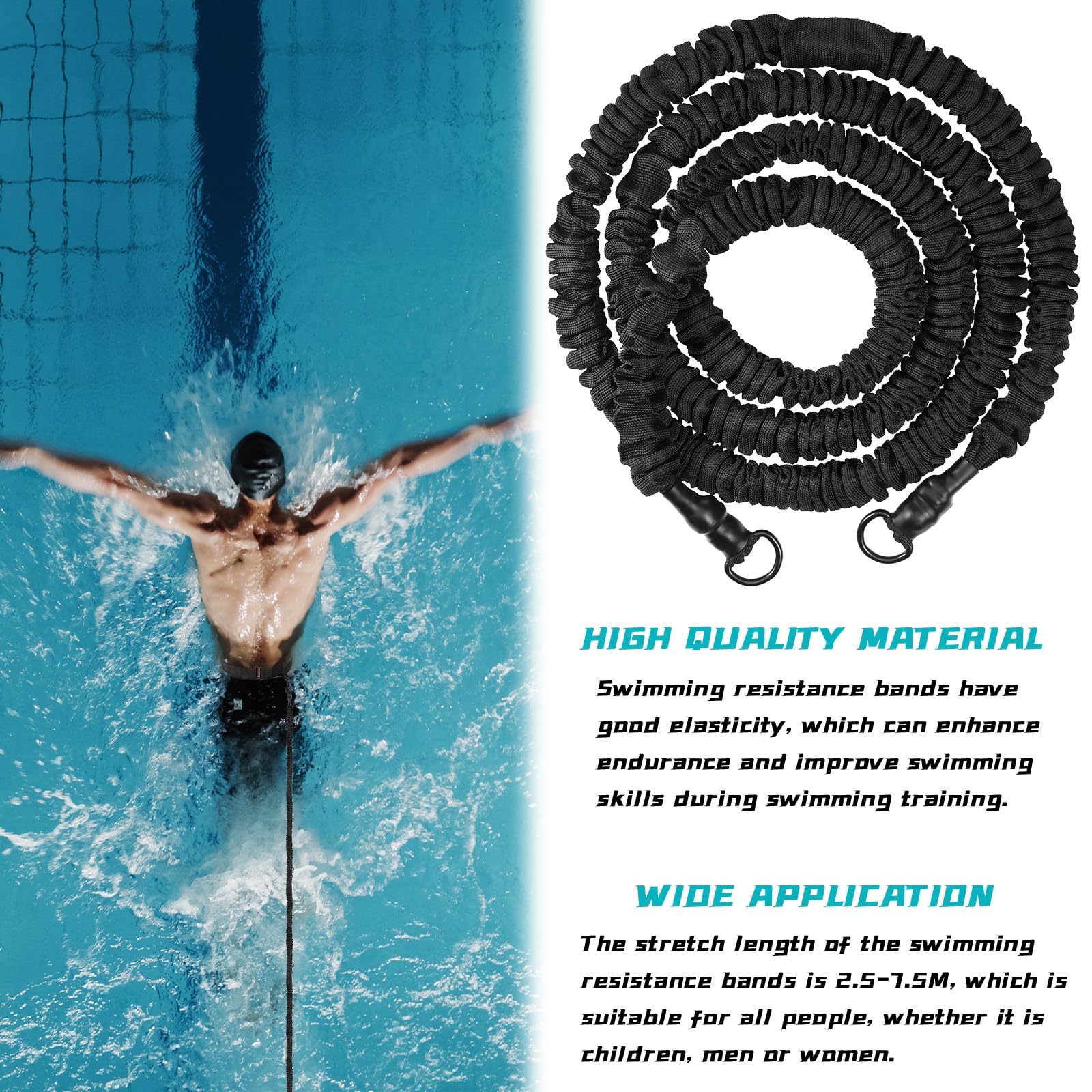 Zocipro Cintura da Nuoto per Piscina, Cintura di Resistenza Regolabile 2.5-7.5M, Cintura per Allenamento Nuoto per Tutti i Nuotatori, Accessorio di Nuoto per Tutte le Piscine
