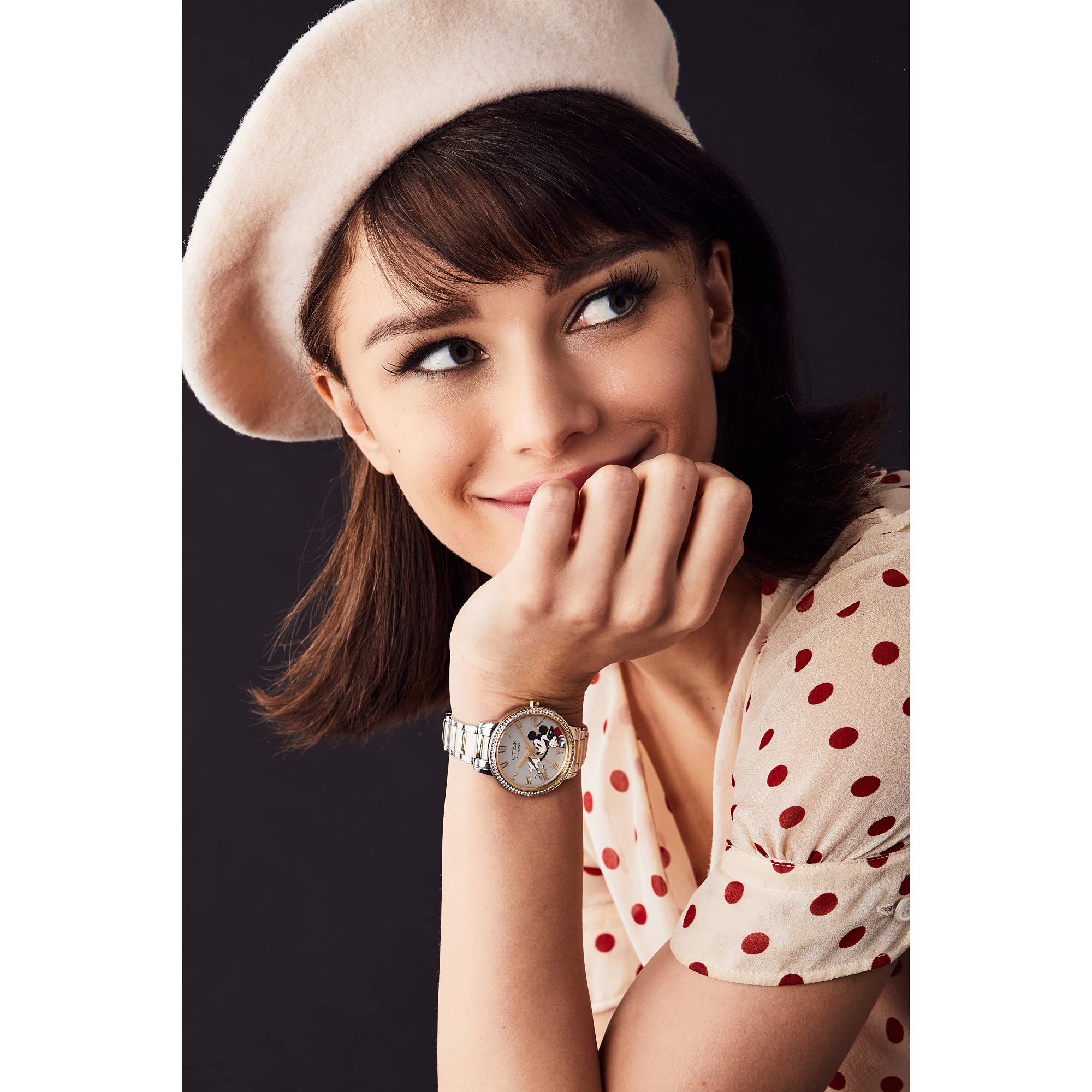 Citizen Eco-Drive Ladies' Mickey Mouse Crystal Watch, Two Tone Gold Stainless Steel, 3-Hand, 36mm (Model: FE7044-52W)