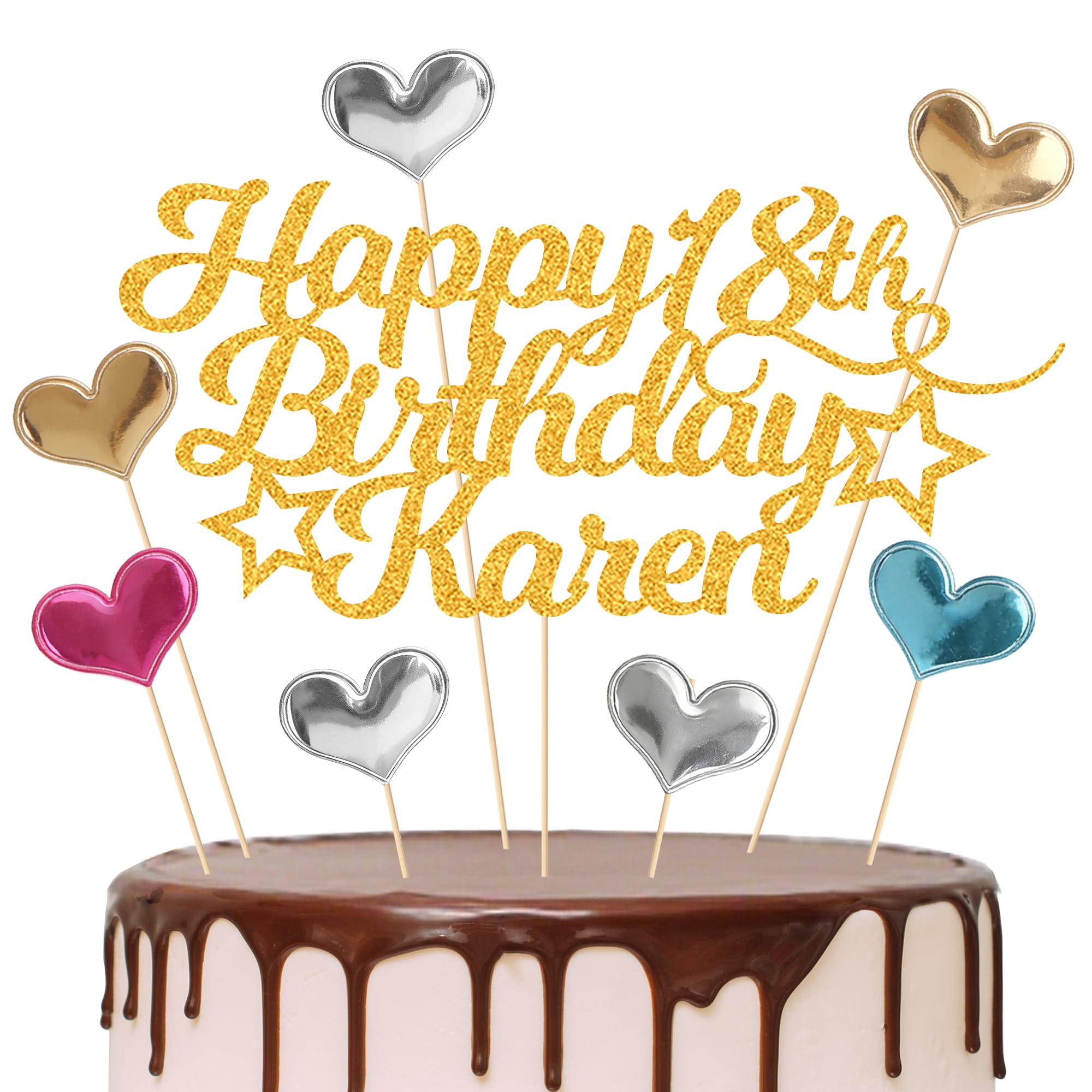 EDSG Happy Birthday Cake Topper Personalised, Custom Cake Topper with Any Age Name, Double-Sided Glitter Cake Topper 13th 16th 18th 21st 30th 40th 50th 60th 80th (with Colored Heart Set)
