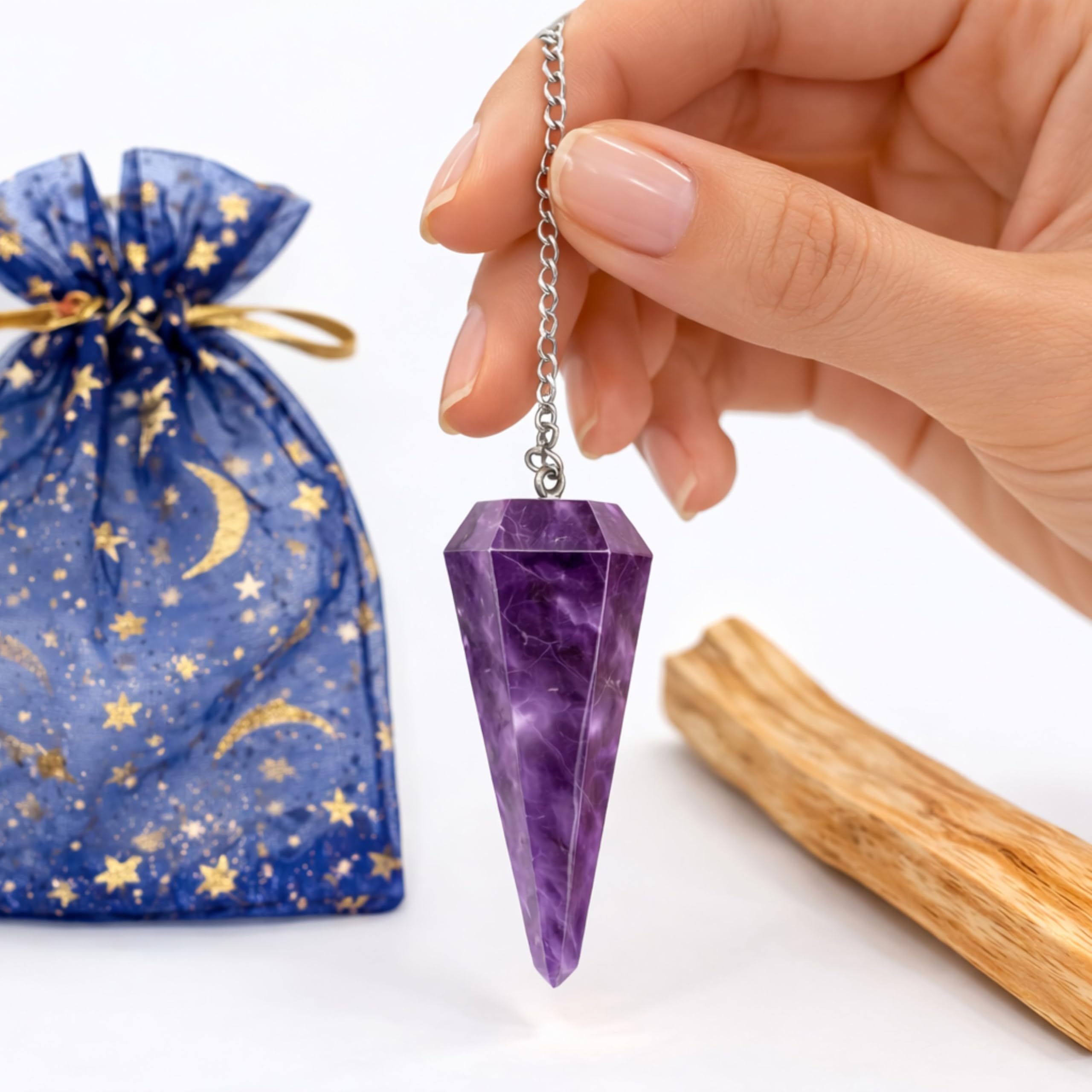 Péndulo Adivinación Amatista Natural +1 Palo Santo + Bolsa de Almacenamiento | Herramienta de Radiestesia y Meditación para Tarot, Reiki y Sanación Espiritual | Cristal Auténtico