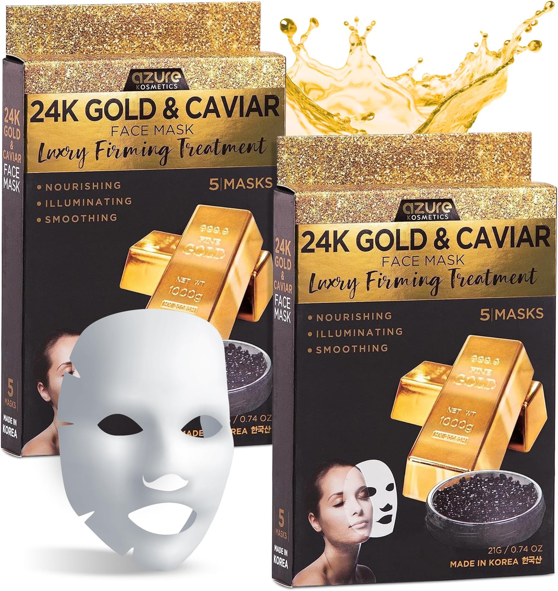 AZURE 24K Gold and Caviar Anti Aging Luxury Face Mask - Hydrating & Firming Facial Mask - Helps Reduce Wrinkles & Fine Lines with Hyaluronic Acid & Collagen - Skin Care Made in Korea - Pack of 10