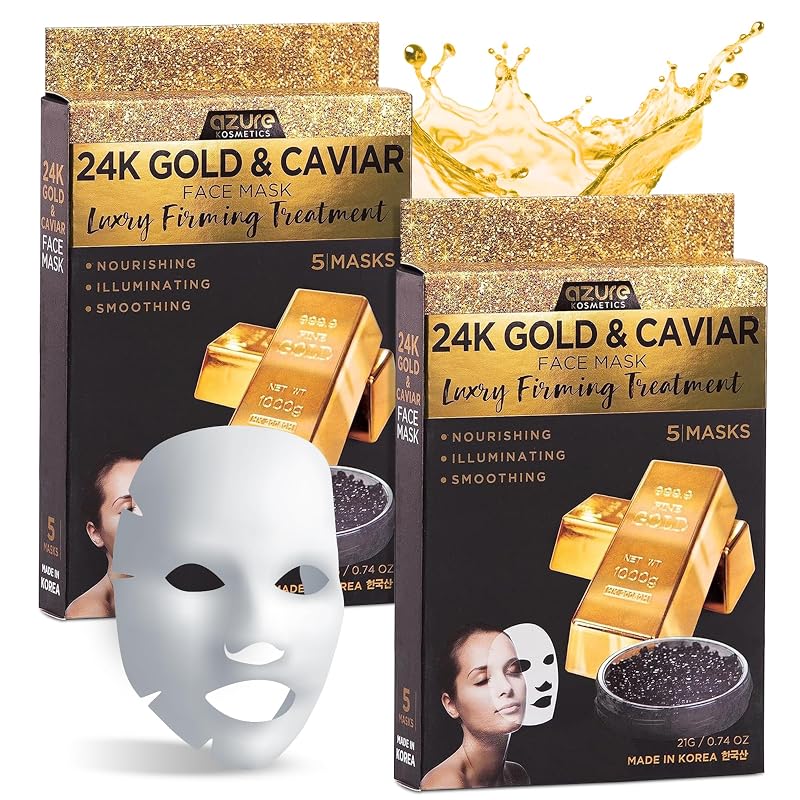 Máscara facial AZURE com ouro 24K, caviar, ácido hialurônico e colágeno — Pacote com 10