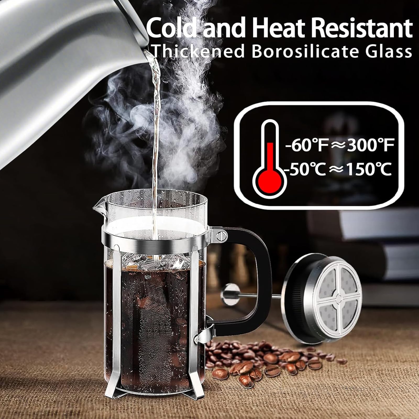 Caffettiera French Press in Vetro Resistente al Calore con Filtro Facile da Pulire, Pressa Francese per Caffè e Tè, Design Multifunzionale Ideale per Casa, Viaggio e Campeggio (600, Millilitri)