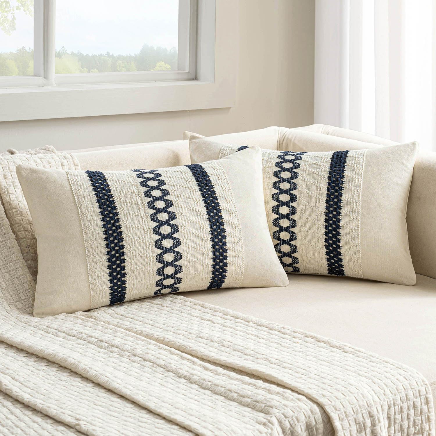 MIULEE Set of 2 Navy Blue Boho Decorative Lumbar Pillow Covers 12x20 Inch