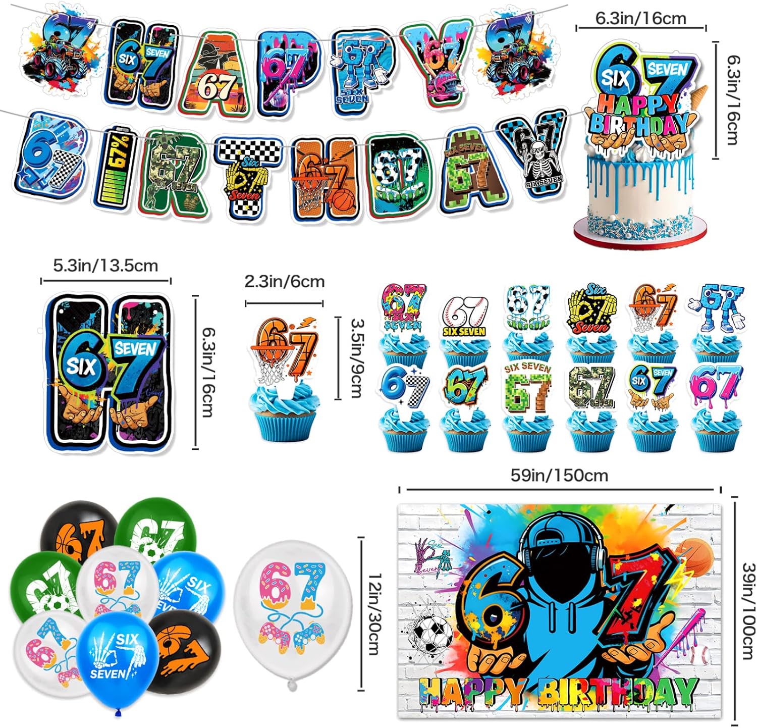 Birthday Decorations for Boys, Hip Hop Graffiti Street Theme Party Supplies with Happy Birthday Banner, Cake & Cupcake Toppers, Balloons, 59" x 39" Backdrop, Ideal for Teens Kids Photo Booth Props