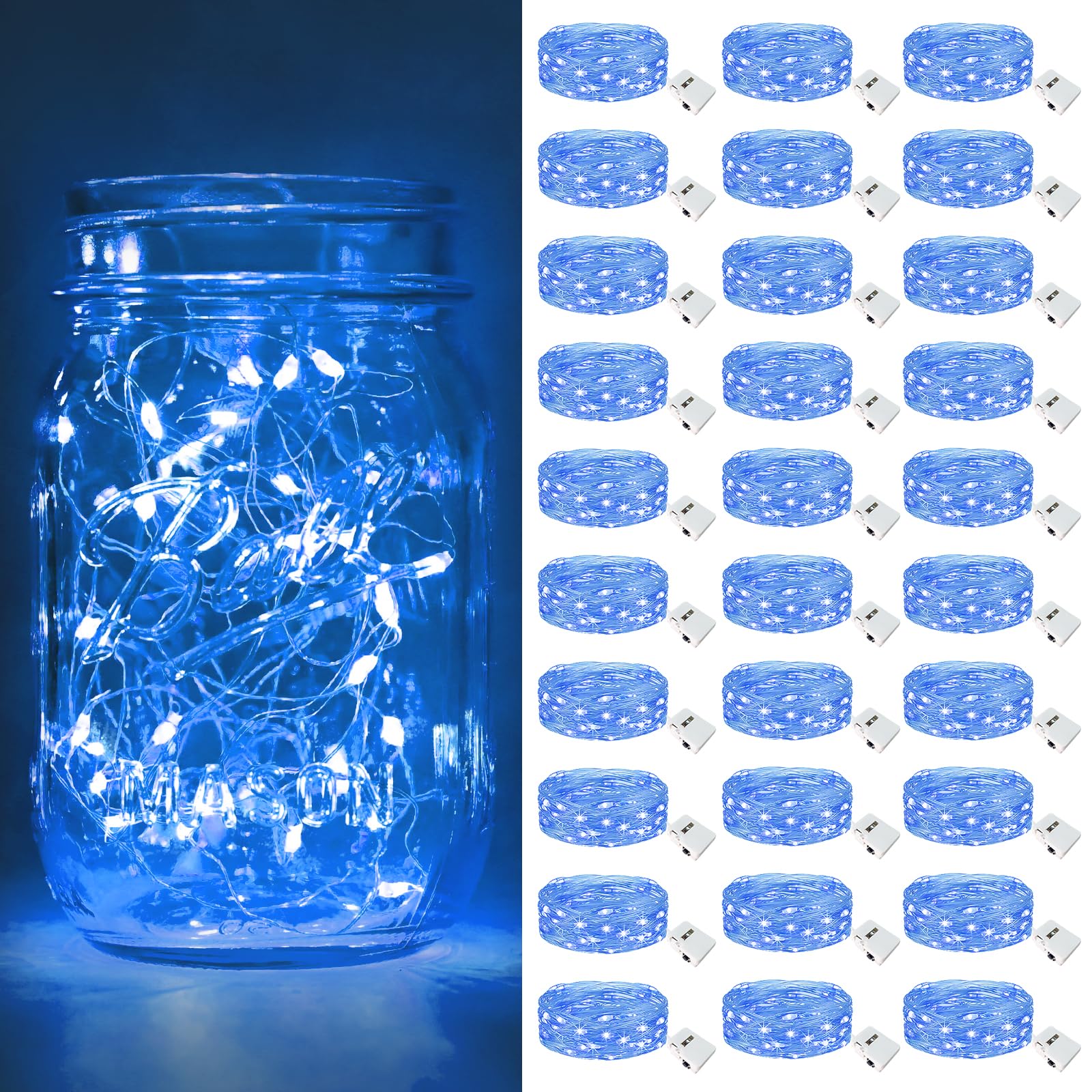 btfarm30 Pack Fairy Lights Battery Operated [3 Modes], 7ft 20 Led Twinkle Lights String Lights Waterproof Bulk Small Mini Silver Wire for Mason Jars Vases Wedding Table Centerpiece, Blue