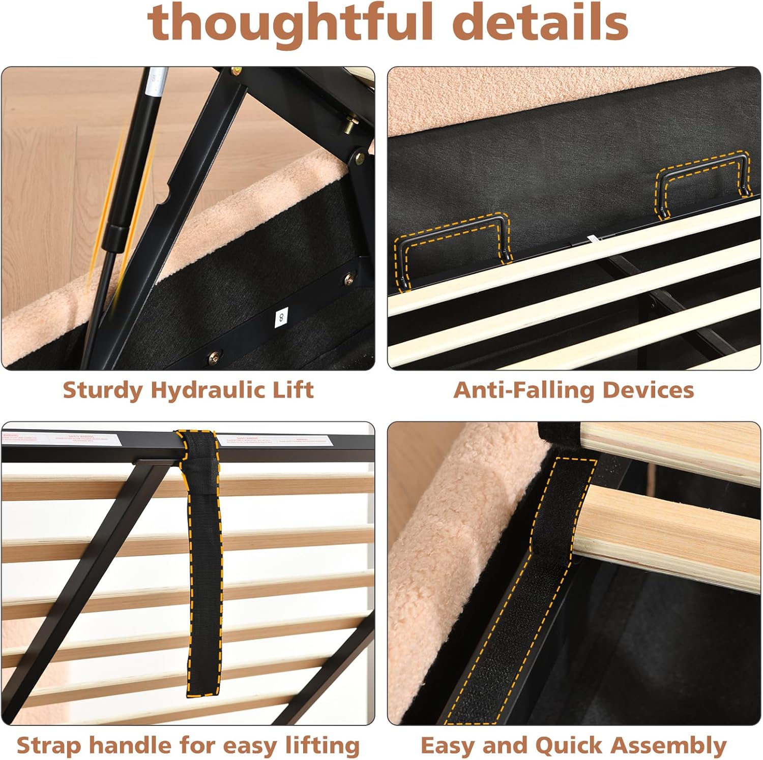 VELOCAVA Queen Size Lift-Up Storage Bed, Upholstered Boucle Bed with Curved Headboard, Rounded Corners, Sturdy Wooden Slat Support, No Box Spring Needed, Easy Assembly, Blush Pink-Beige