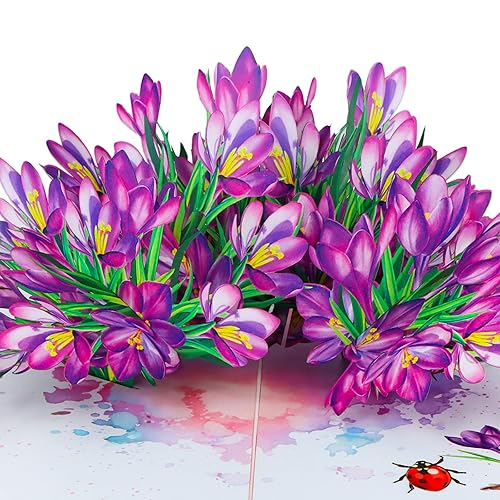 3D Crocus Pop Up Card with Ladybug, 6x8 Purple Spring