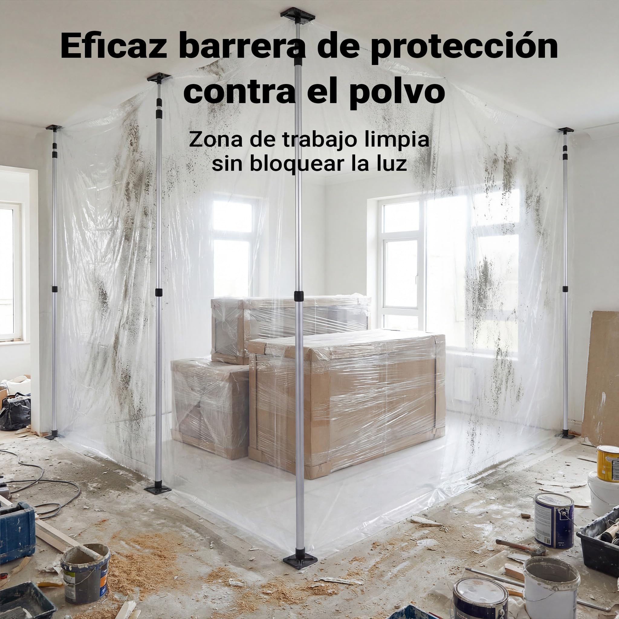 XPOtool Barrera Antipolvo 4x10m para reformas Puerta de Cremallera y Barras telescópicas 1,5-3,9m