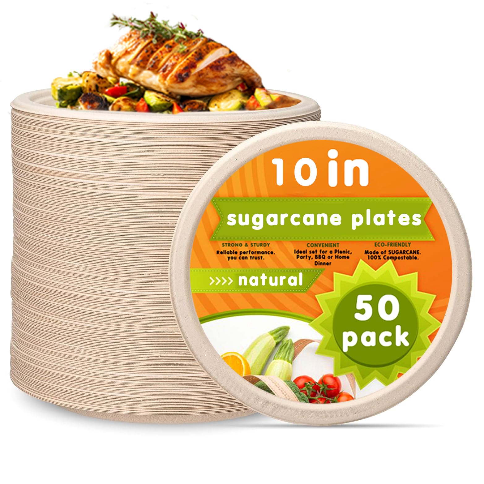 Photo 1 of 50 pack Paper Plate 10 inch Compostable Beige Round environmentally friendly Heavy Duty leak proof sturdy Biodegradable Premium Quality Large Disposable Dinner Strong bbq lunch picnic birthday party Craft 10" - 50, 2 pack, *non refundable*